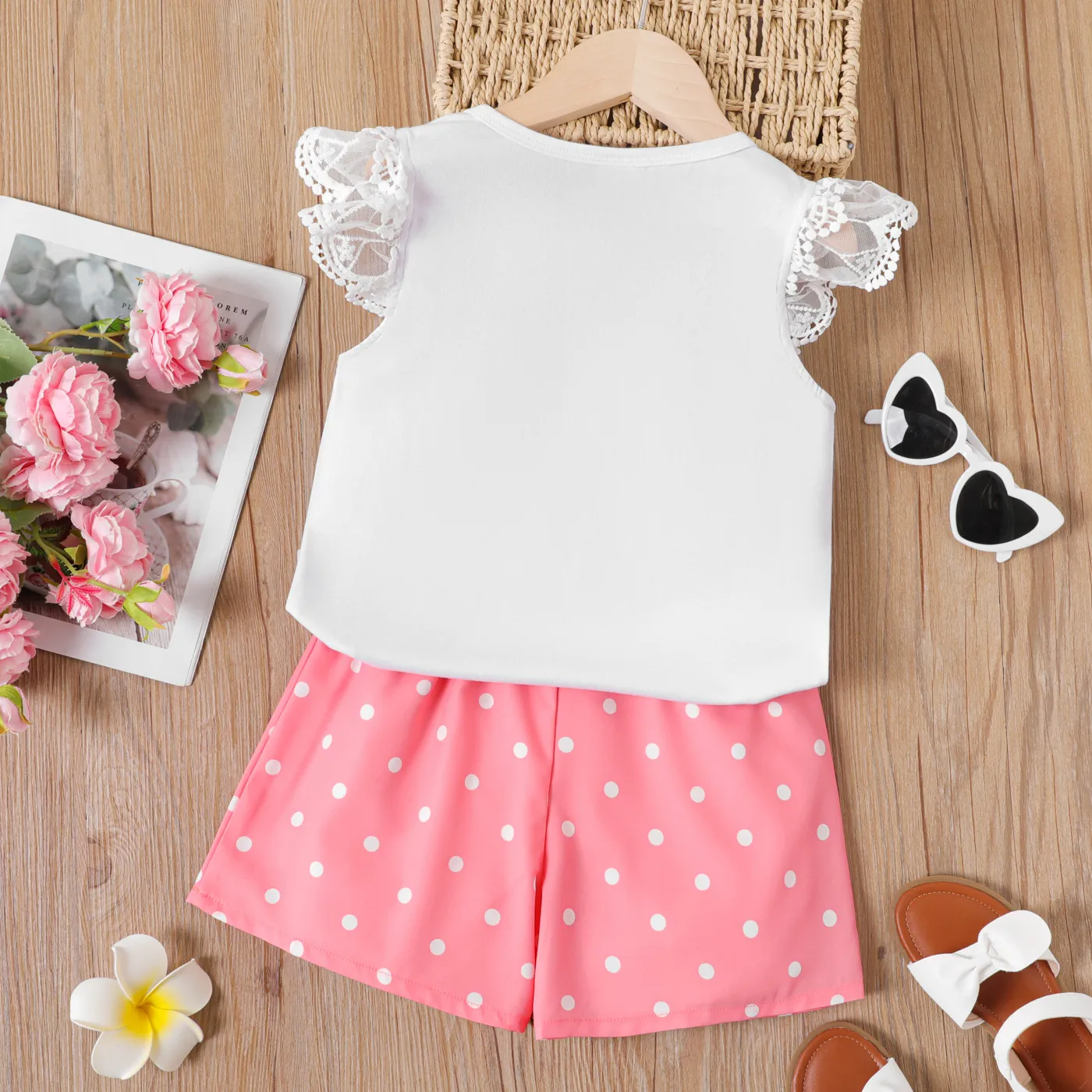 2pcs Kid Girl Letter Figure Print Lace Flutter-sleeve Tee and Polka Dots Print Shorts Set  image 6