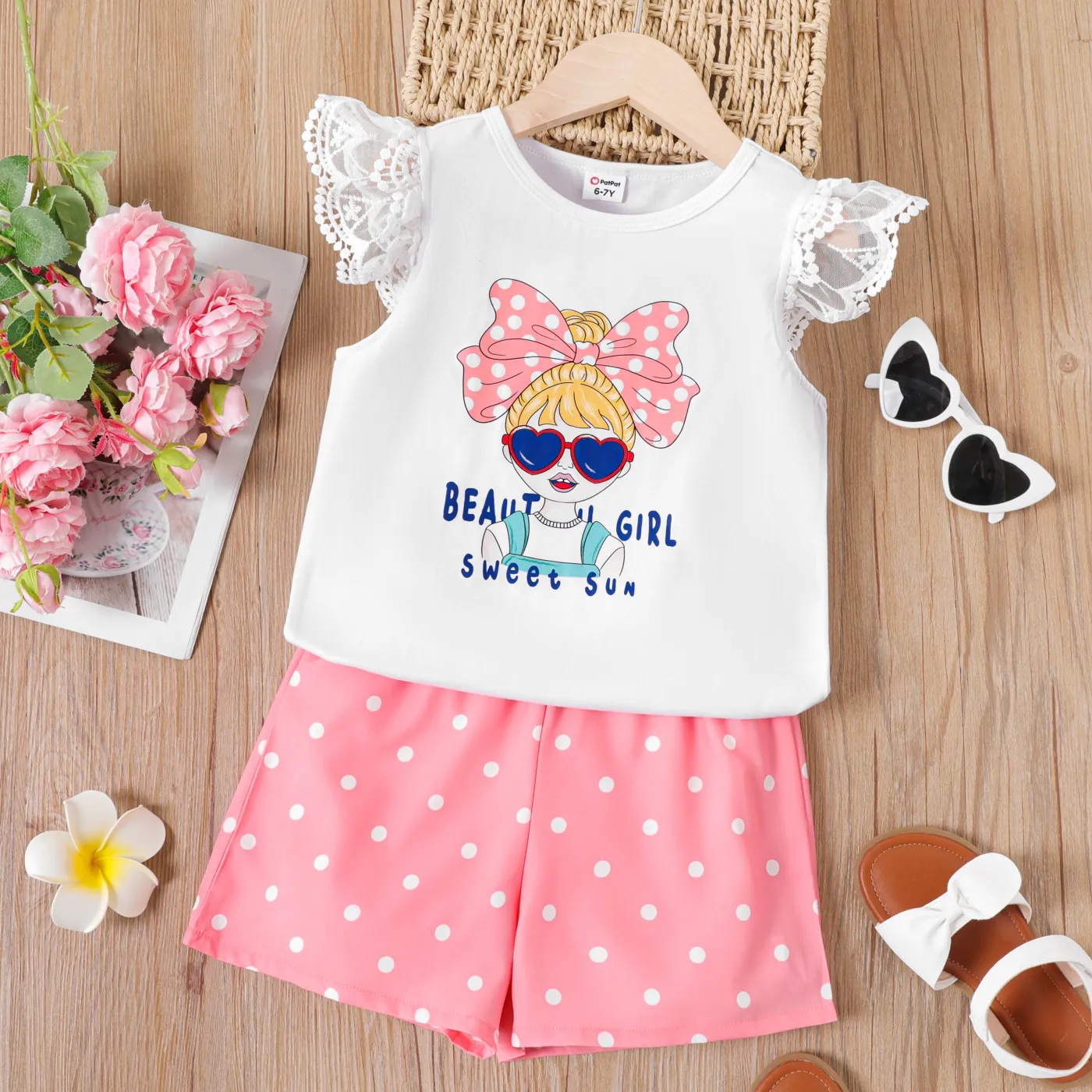 2pcs Kid Girl Letter Figure Print Lace Flutter-sleeve Tee and Polka Dots Print Shorts Set  image 2