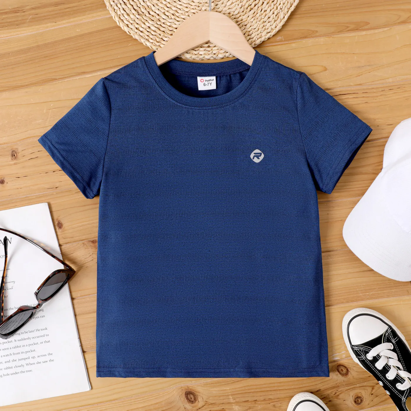 Kid Boy Letter Detail Short-sleeve Solid Tee Blue