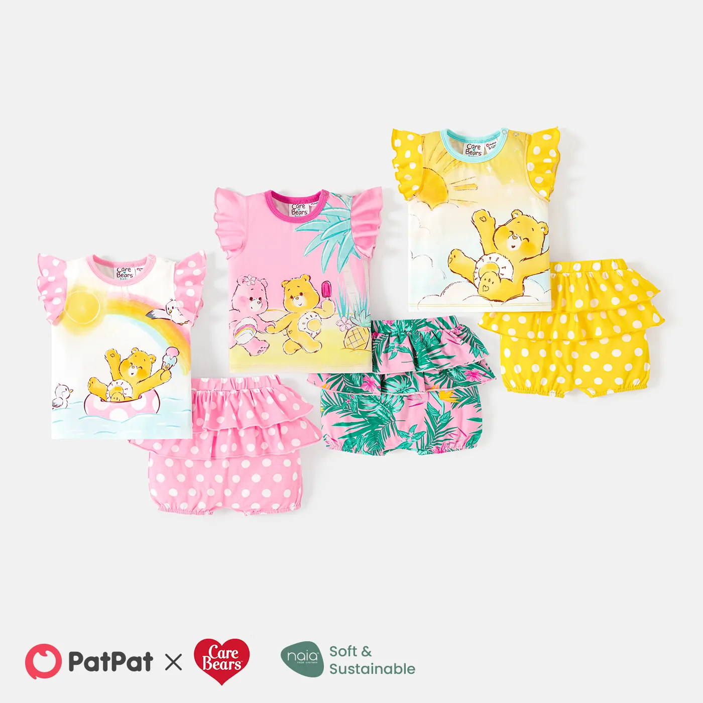 Care Bears Baby Girl 2pcs Flutter-sleeve Graphic Naia™ Tee and Cotton Layered Ruffled Shorts Set