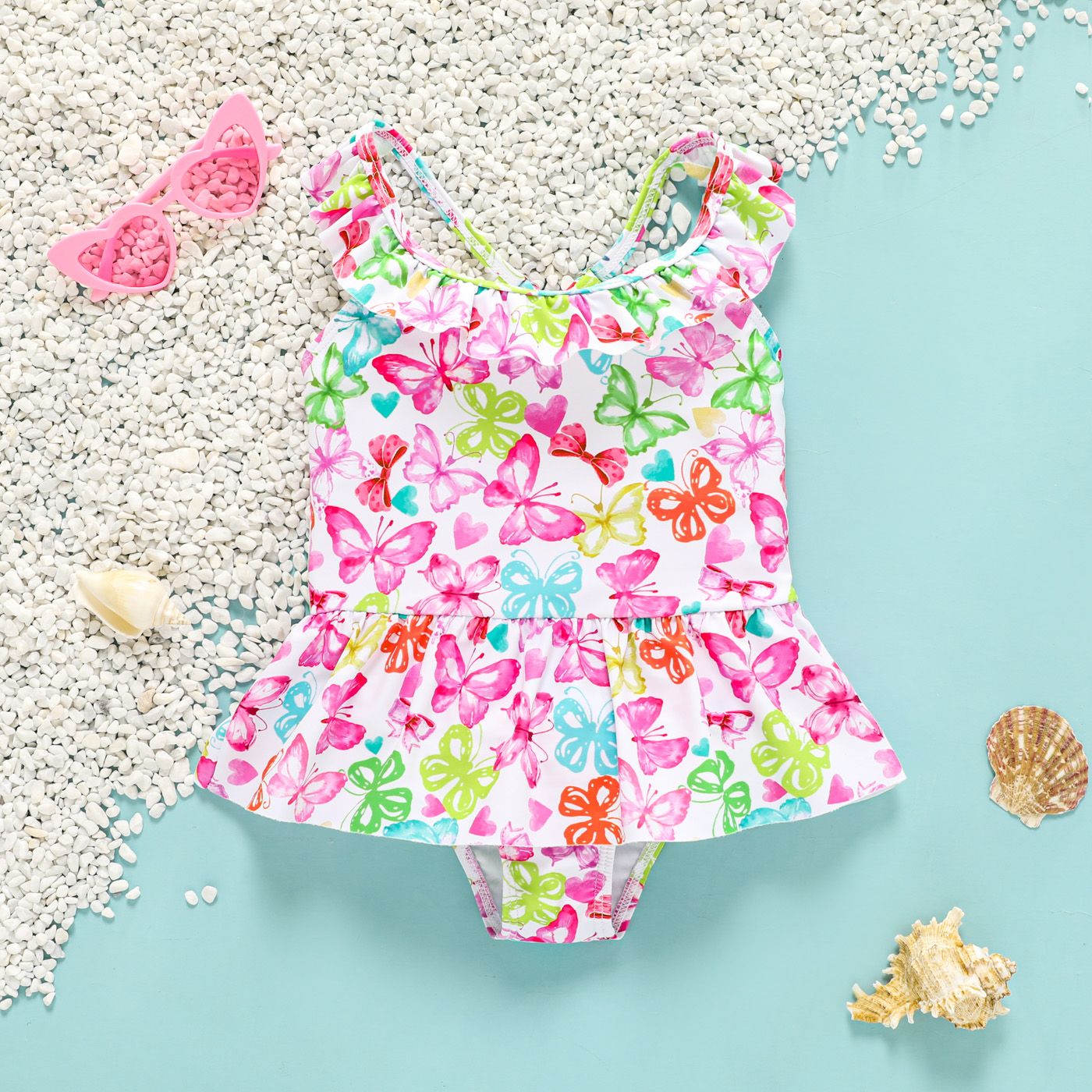 

Toddler Girl Allover Butterfly Print Ruffled One-piece Swimsuit