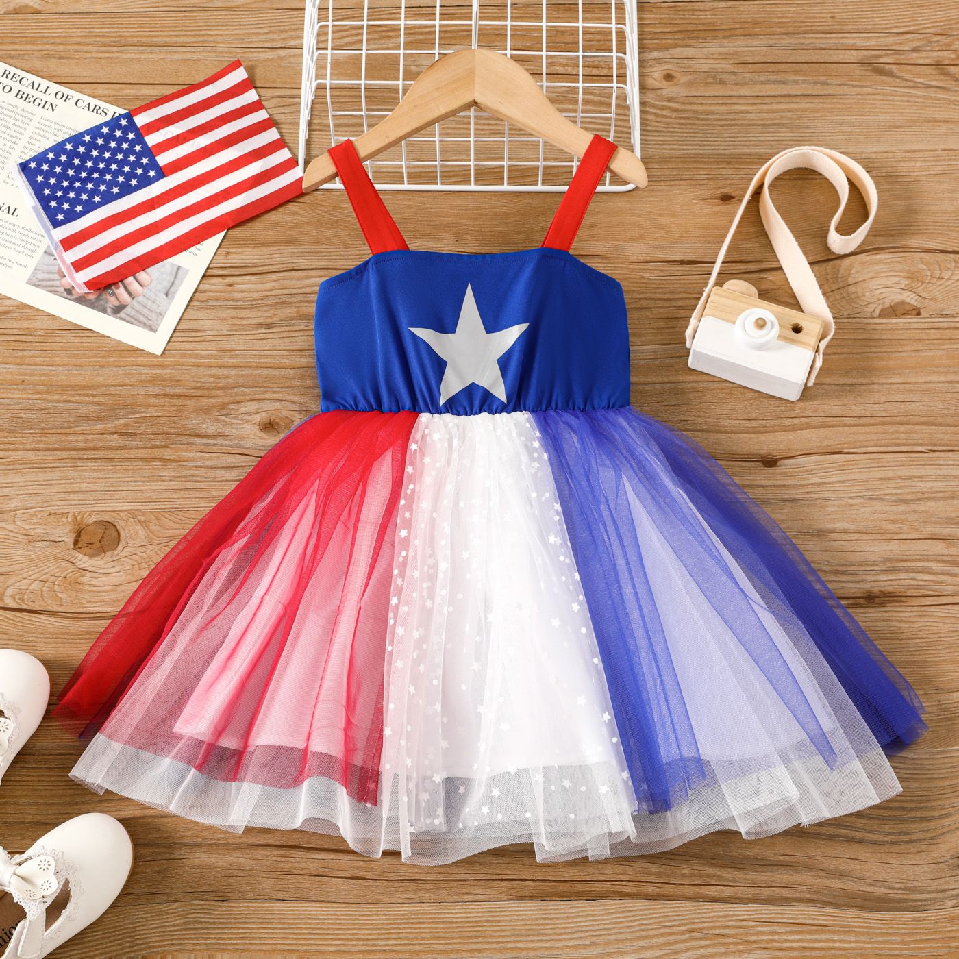 Independence Day Toddler Girl Star Print Mesh Overlay Cami Dress