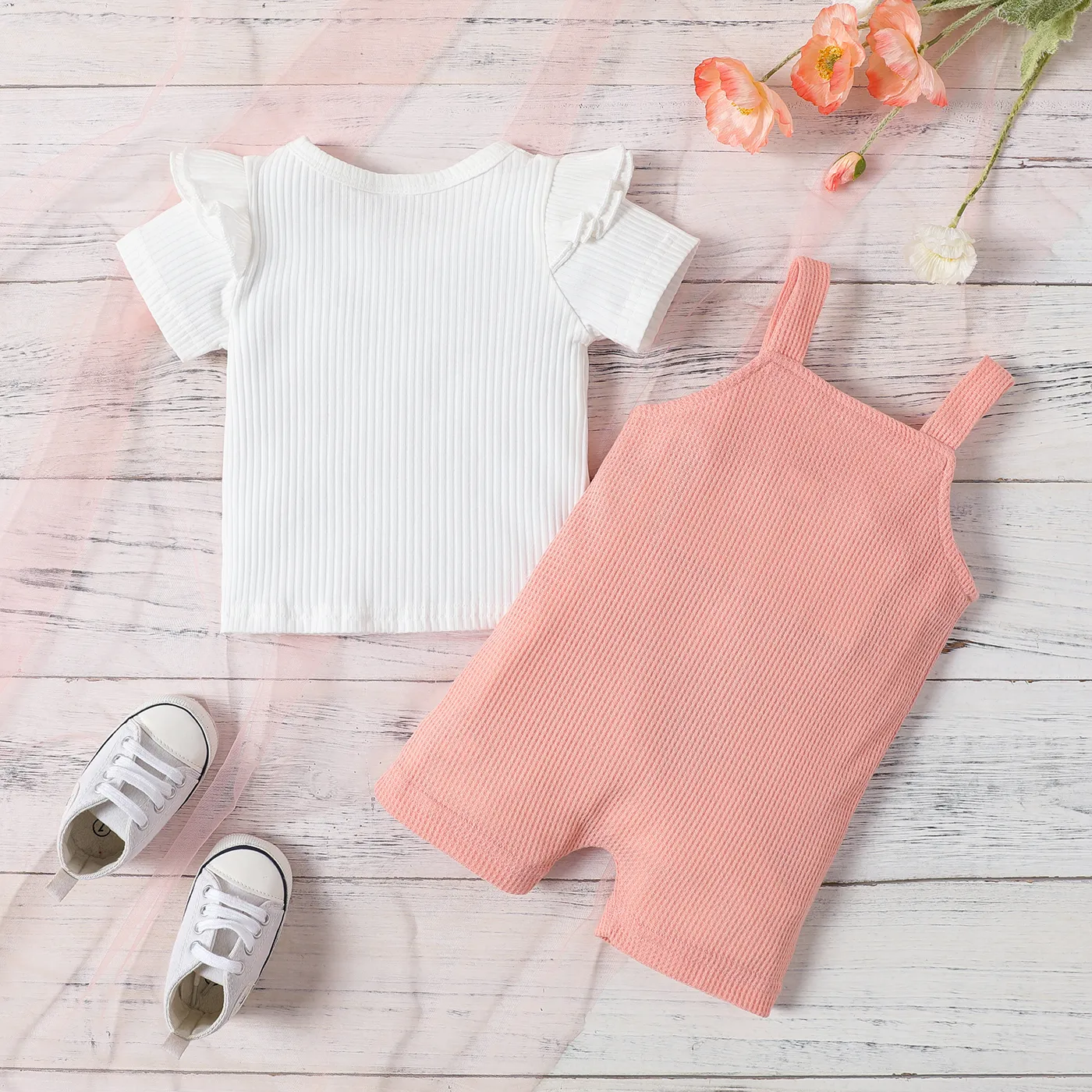 2pcs Baby Girl 95% Cotton Ruffle Trim Short-sleeve Rib-knit Top and Rainbow Embroidered Waffle Overall Romper Set  image 3