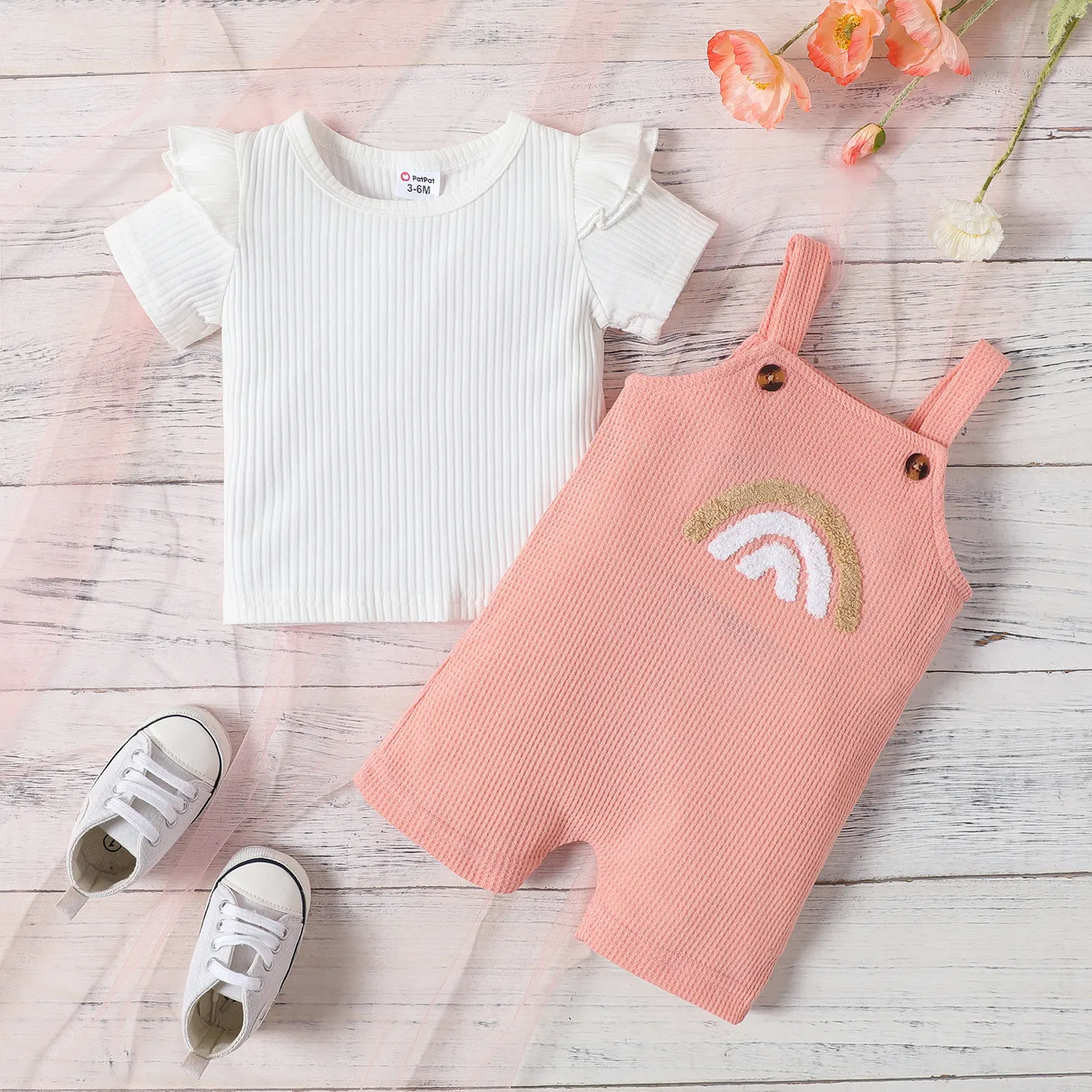 2pcs Baby Girl 95% Cotton Ruffle Trim Short-sleeve Rib-knit Top and Rainbow Embroidered Waffle Overall Romper Set  big image 1