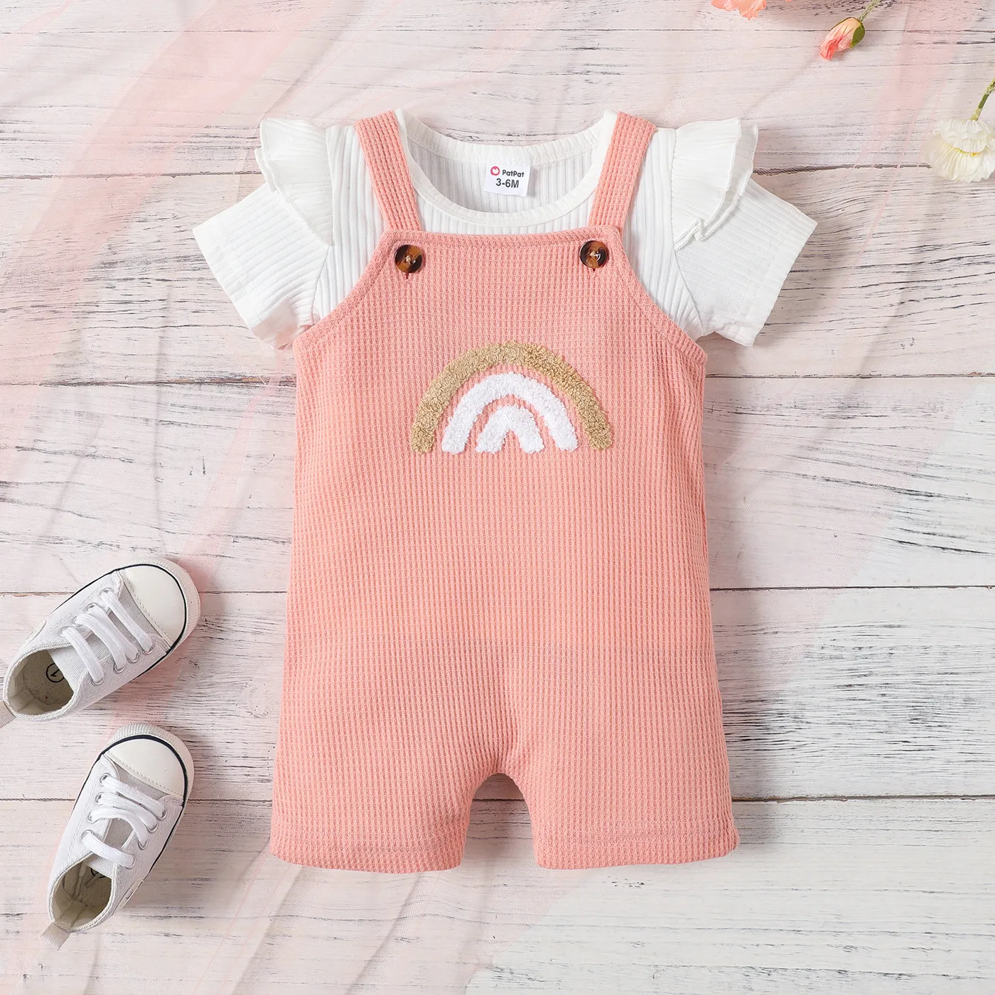 2pcs Baby Girl 95% Cotton Ruffle Trim Short-sleeve Rib-knit Top and Rainbow Embroidered Waffle Overall Romper Set  image 2