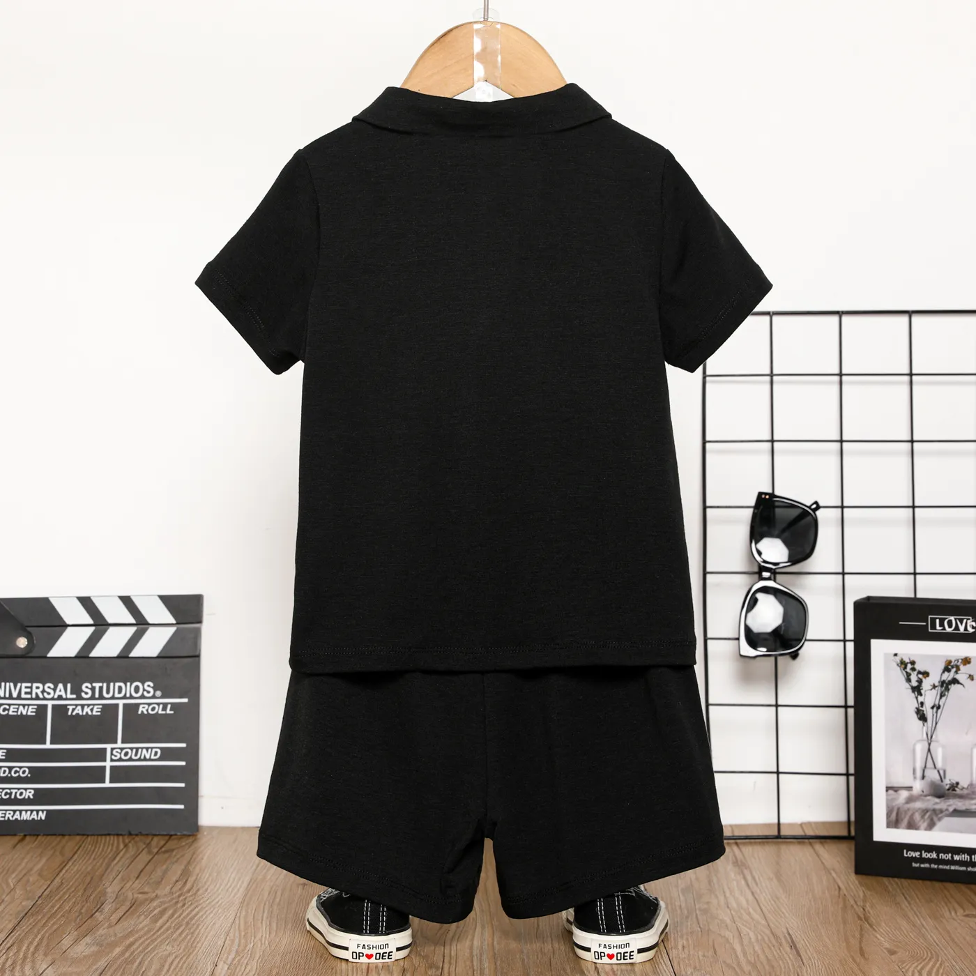 2pcs Toddler Boy Plaid Panel Short-sleeve Polo Neck Tee and Shorts Set   image 2