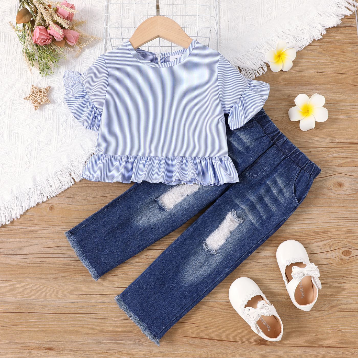 2pcs Toddler Girl Blue Stripe Long-sleeve Ruffled Top and Ripped Jeans Set