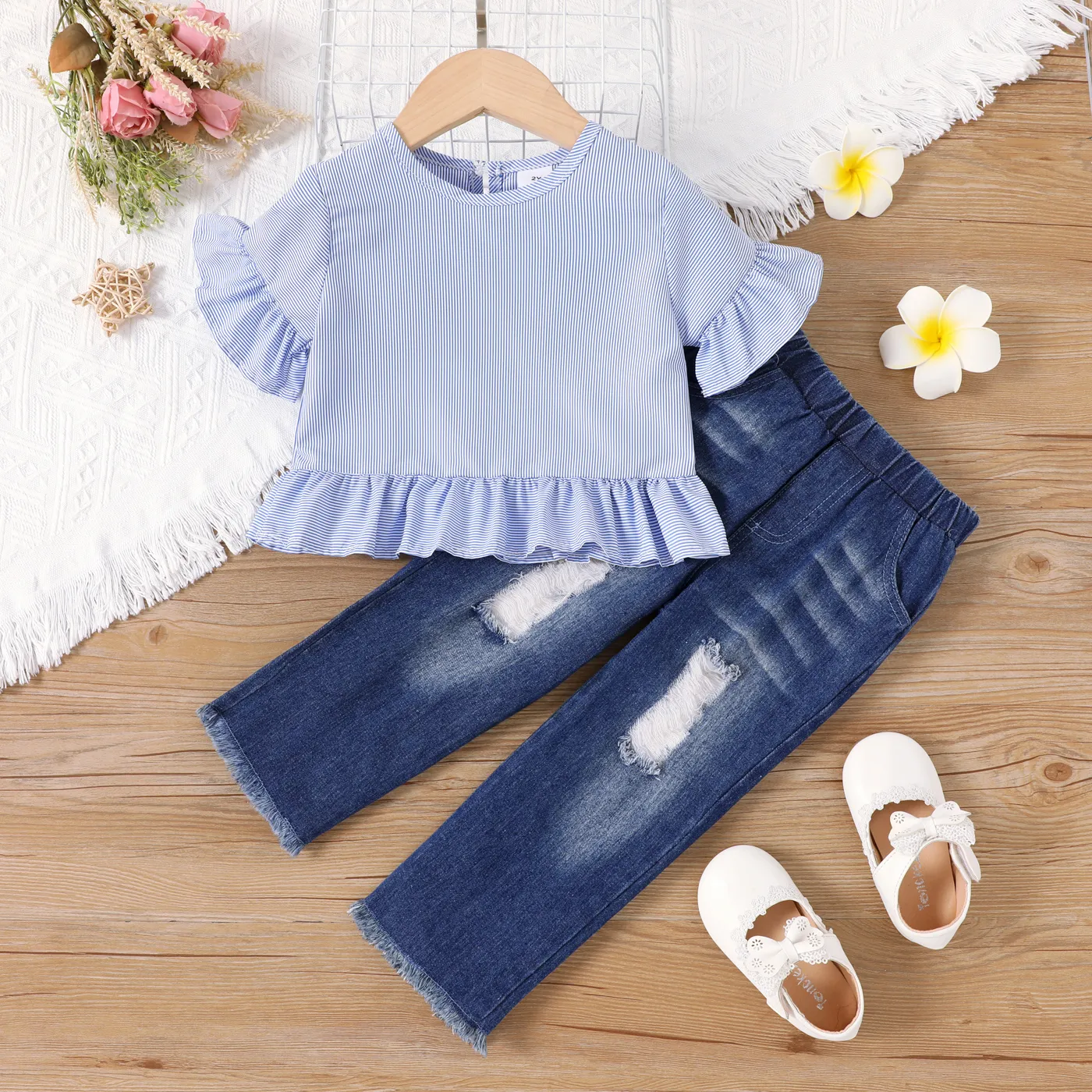 2pcs Toddler Girl Blue Stripe Long-sleeve Ruffled Top and Ripped Jeans Set Blue big image 1