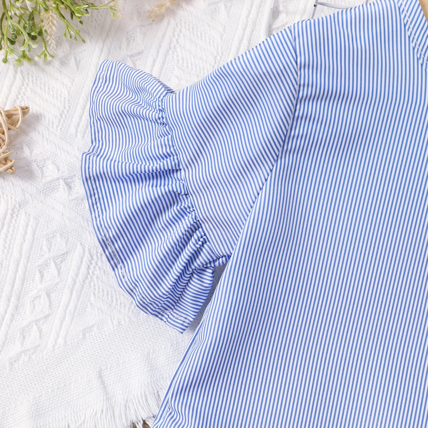 2pcs Toddler Girl Blue Stripe Long-sleeve Ruffled Top and Ripped Jeans Set Blue image 4