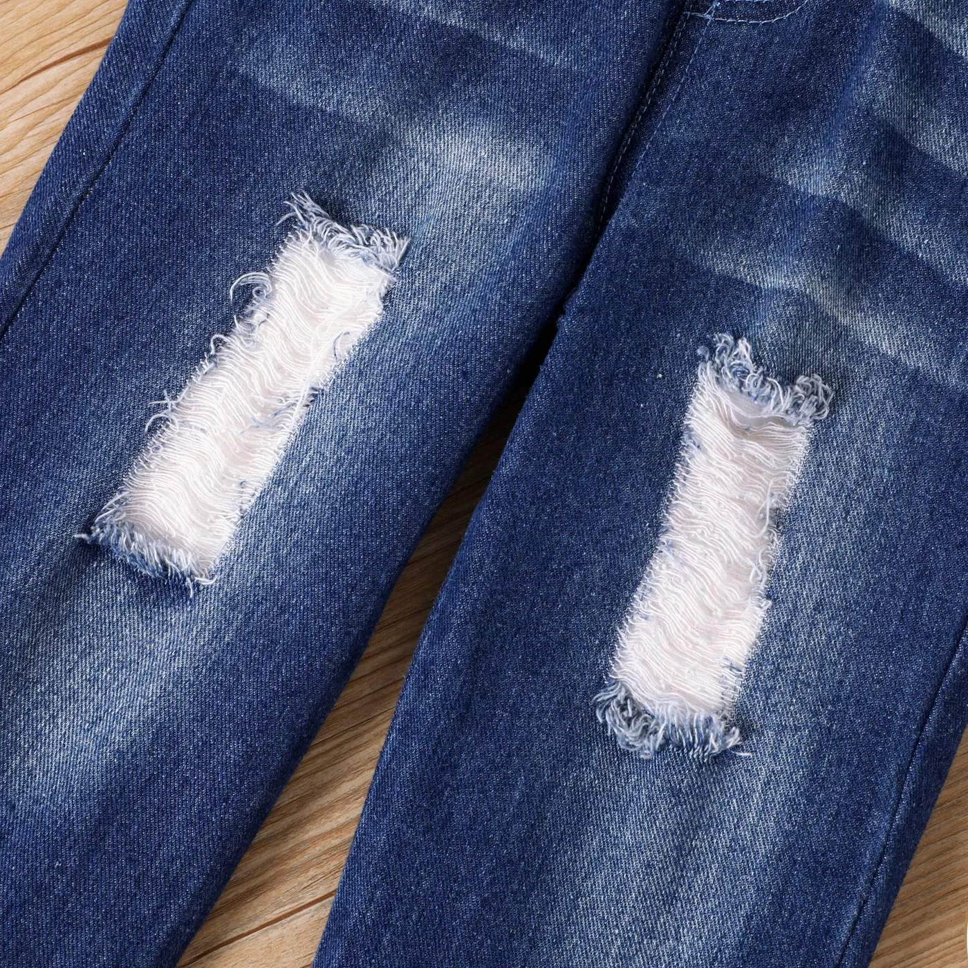 2pcs Toddler Girl Blue Stripe Long-sleeve Ruffled Top and Ripped Jeans Set Blue image 5