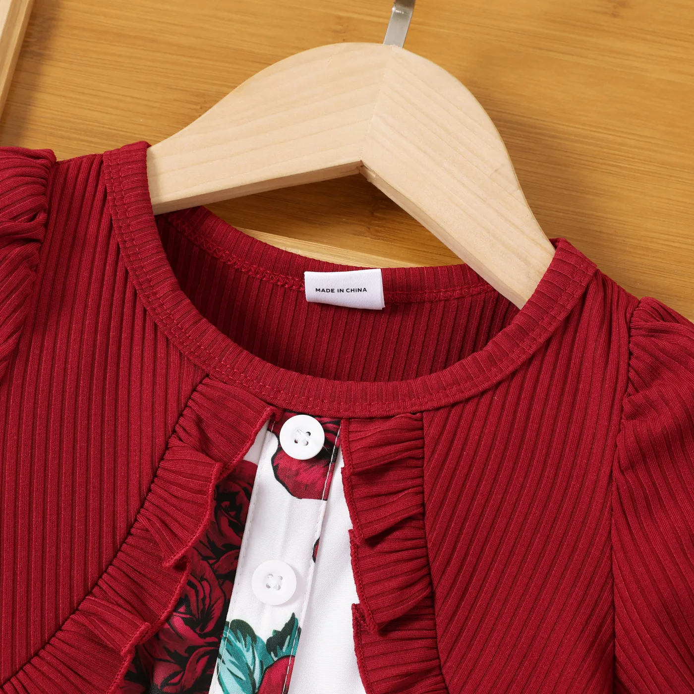 Toddler Girl Rose Print Short-sleeve Ruffled Rib-knit Panel Dress Burgundy image 3
