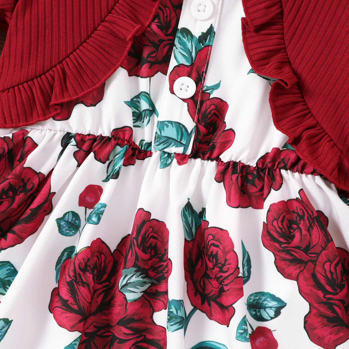 Toddler Girl Rose Print Short-sleeve Ruffled Rib-knit Panel Dress Burgundy image 4
