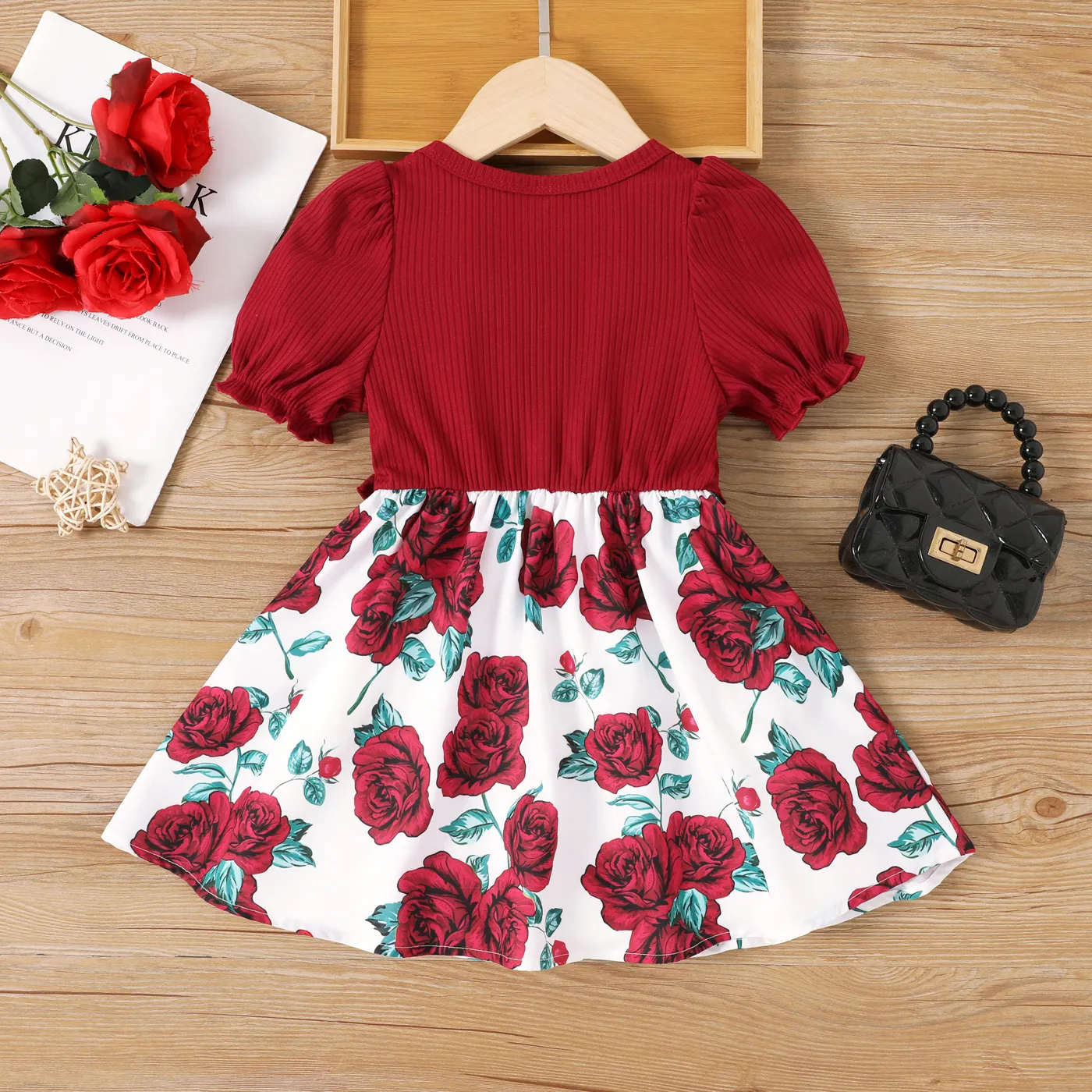 Toddler Girl Rose Print Short-sleeve Ruffled Rib-knit Panel Dress Burgundy image 2