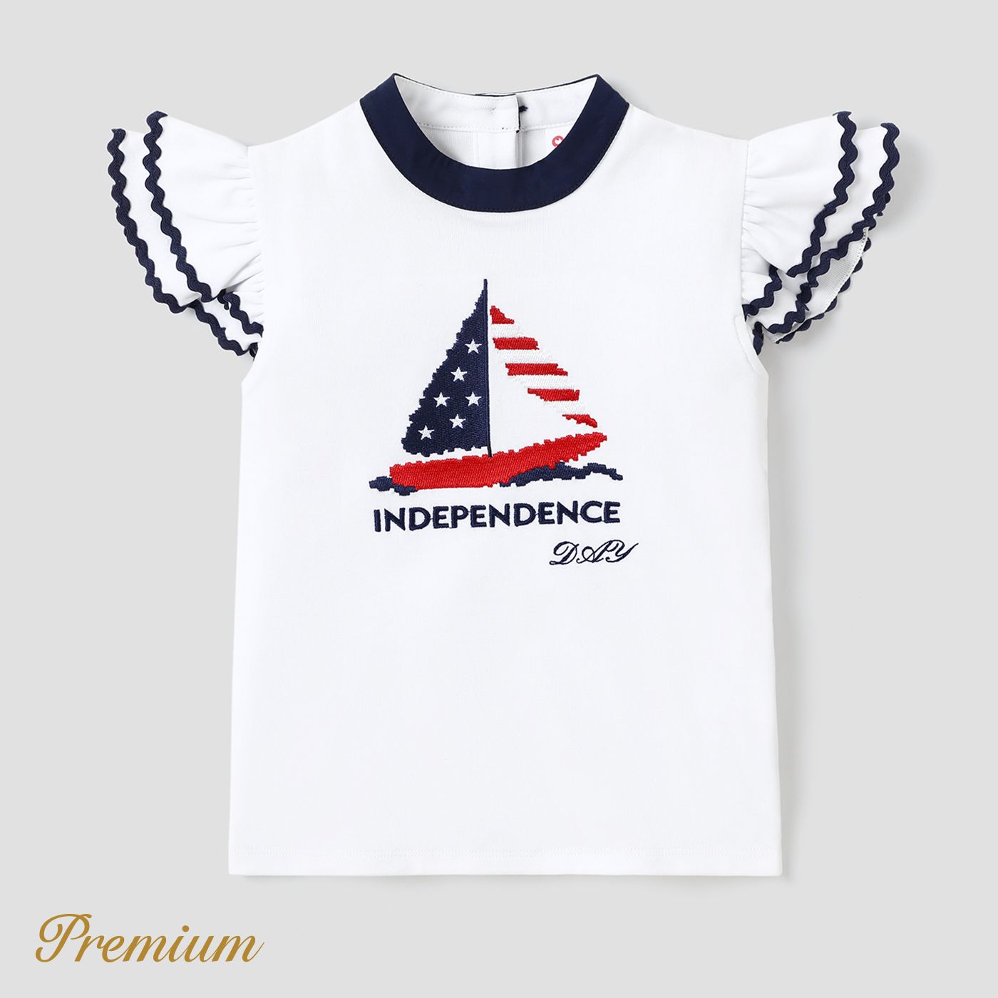 Indepence Day Toddler Girl Cotton Sailboat & Letter Embroidered Ruffle-sleeve T-shirt