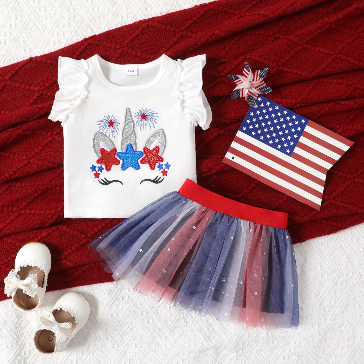 Independence Day 2pcs Baby Girl Unicorn Print Flutter-sleeve Top And Mesh Overlay Skirt Set