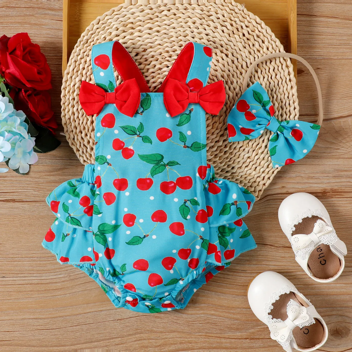 2pcs Baby Girl Allover Cherry Print Ruffled Bow Tank Bodysuit and Headband Set  image 1