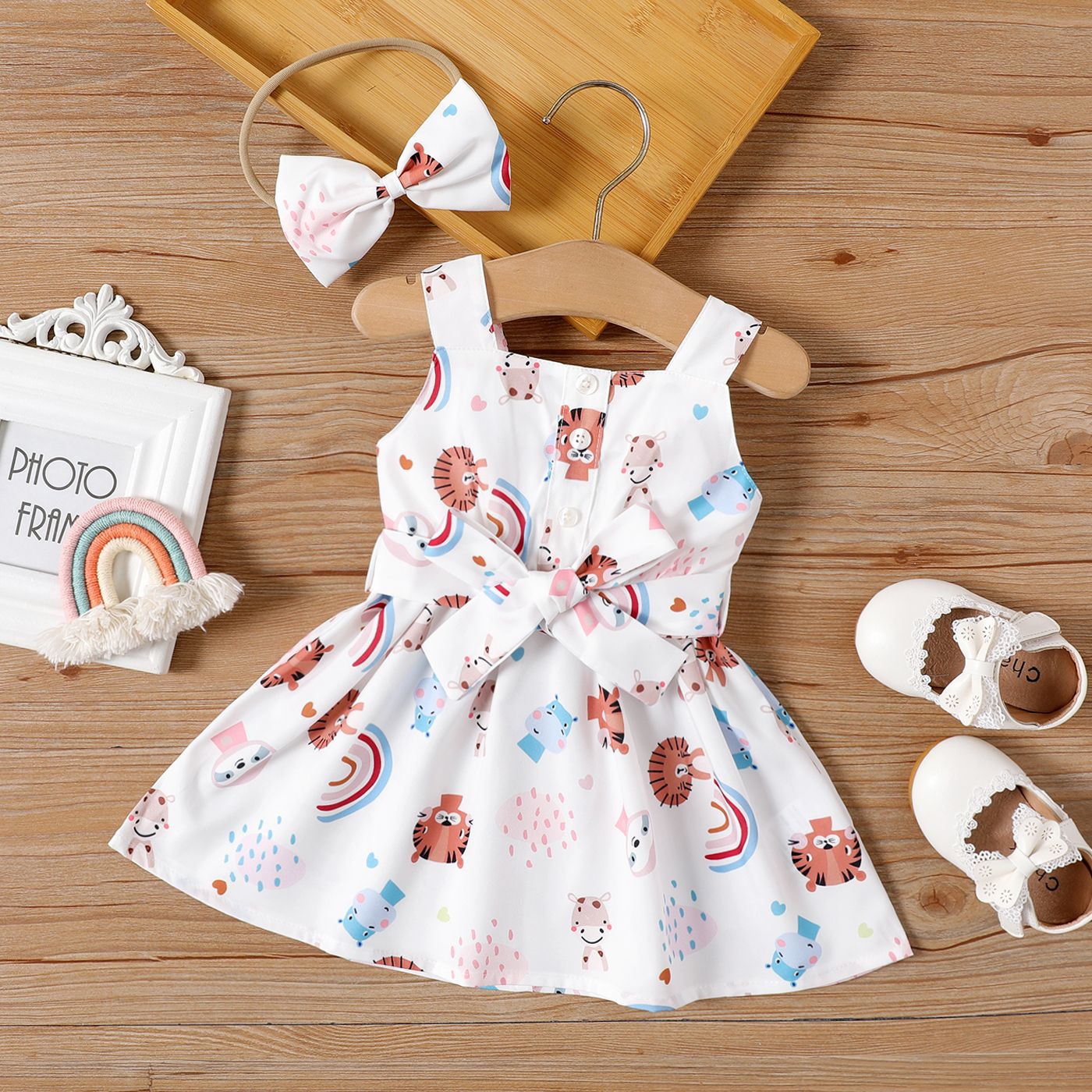 

2pcs Baby Girl Allover Animal Print Belted Tank Dress with Hair Ties
