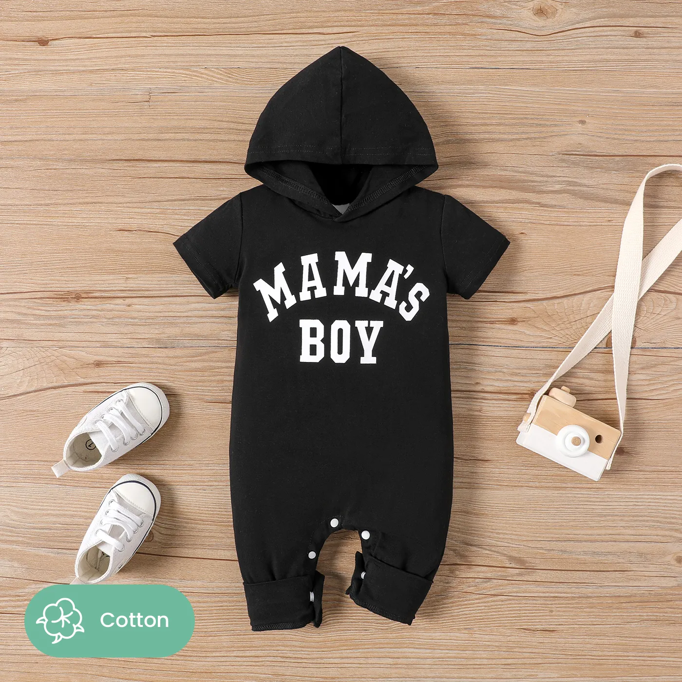 

Baby Boy 95% Cotton Letter Print Short-sleeve Hooded Jumpsuit