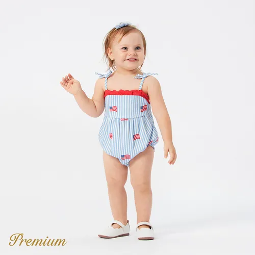 Independence Day Baby Girl Allover Print Striped Lace Detail Strappy Romper