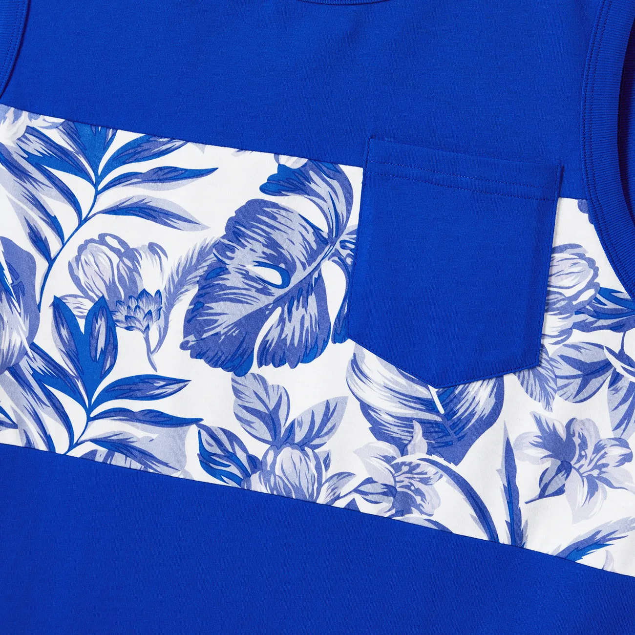 Family Matching Color Block Sleeveless Shirt and Floral Cami Button Hi-Low Dress Sets Royal Blue big image 1