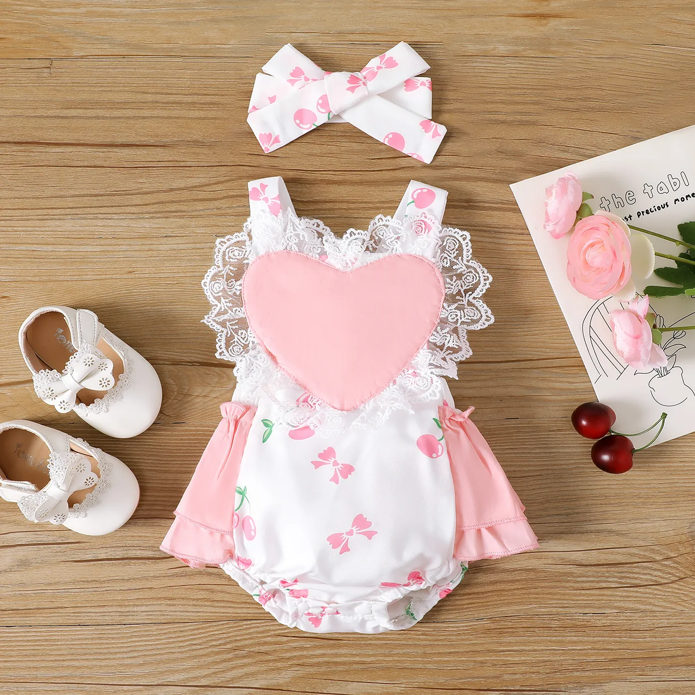 2pcs Baby Girl Heart Embroidered Tank Bodysuit and Headband Set Pink big image 1