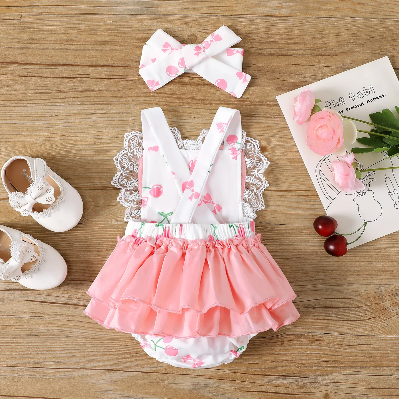 2pcs Baby Girl Heart Embroidered Tank Bodysuit and Headband Set Pink image 2