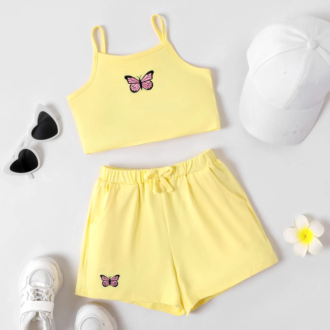 2pcs Kid Girl Butterfly Embroidered Camisole and Shorts Set Yellow big image 1