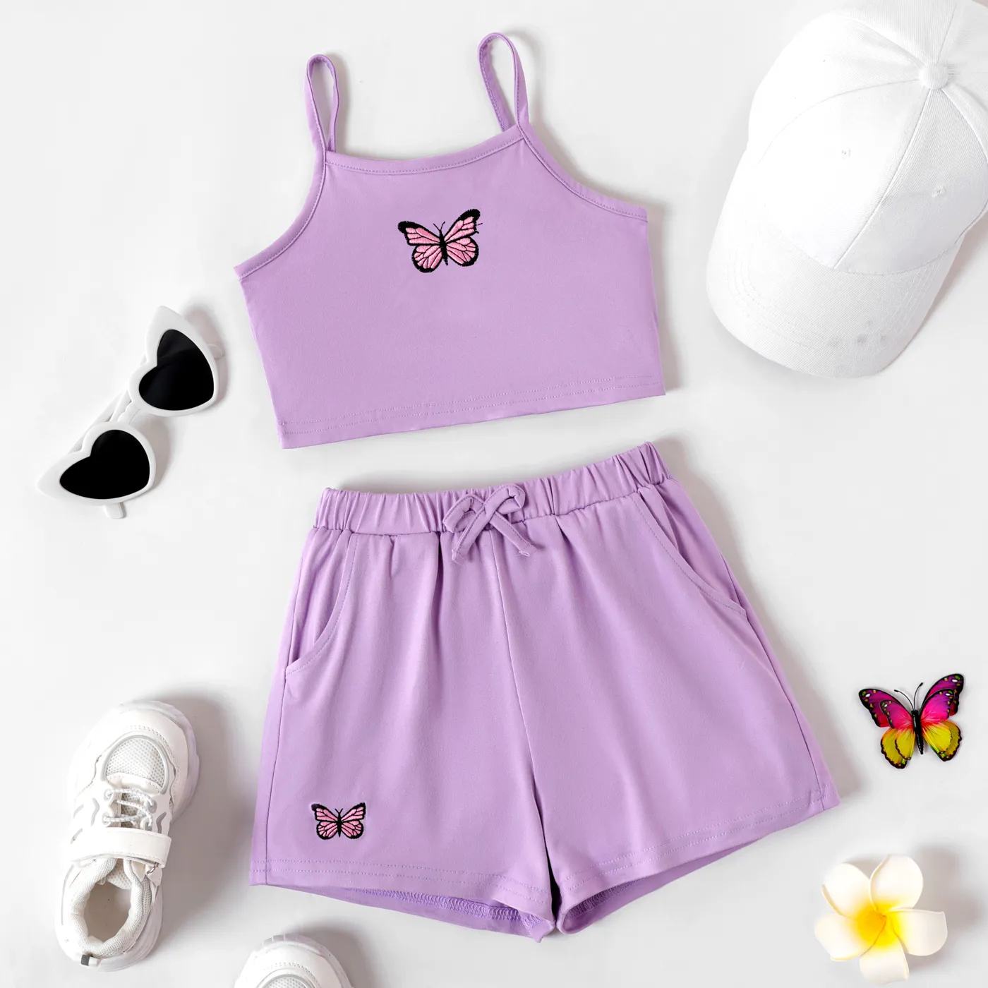 2pcs Kid Girl Butterfly Embroidered Camisole and Shorts Set Purple