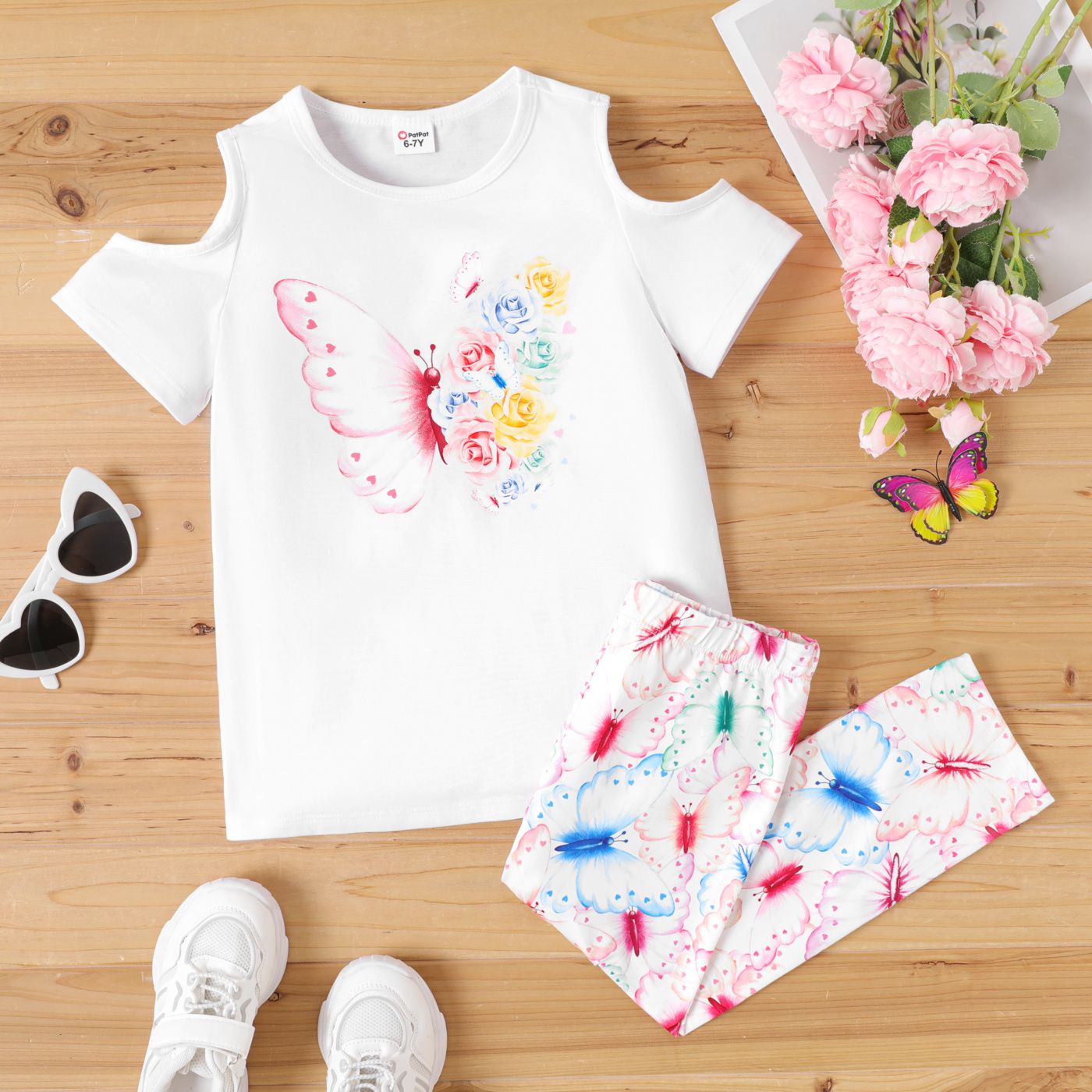 2pcs Kid Girl Butterfly Floral Print Cold Shoulder Short-sleeve Tee And Butterfly Print Pants Set