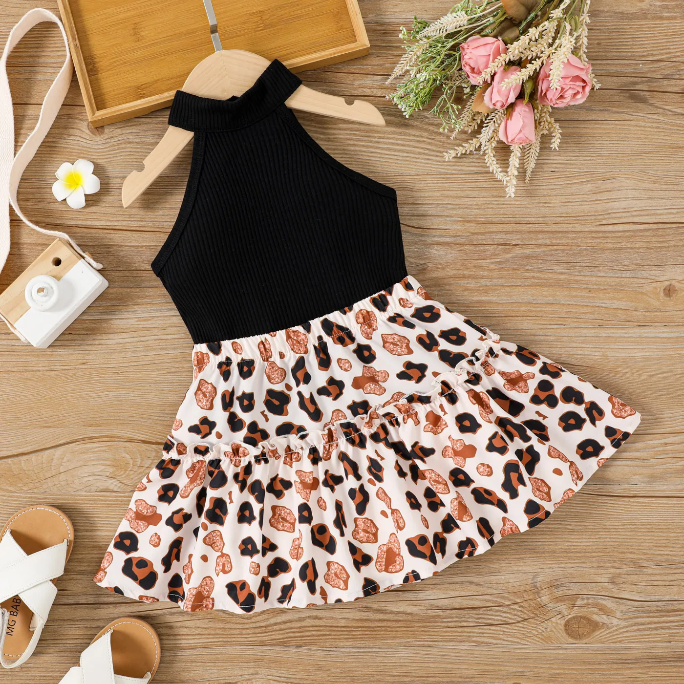 2pcs Toddler Girl Rib-knit Halterneck Top and Leopard Skirt Set  big image 1