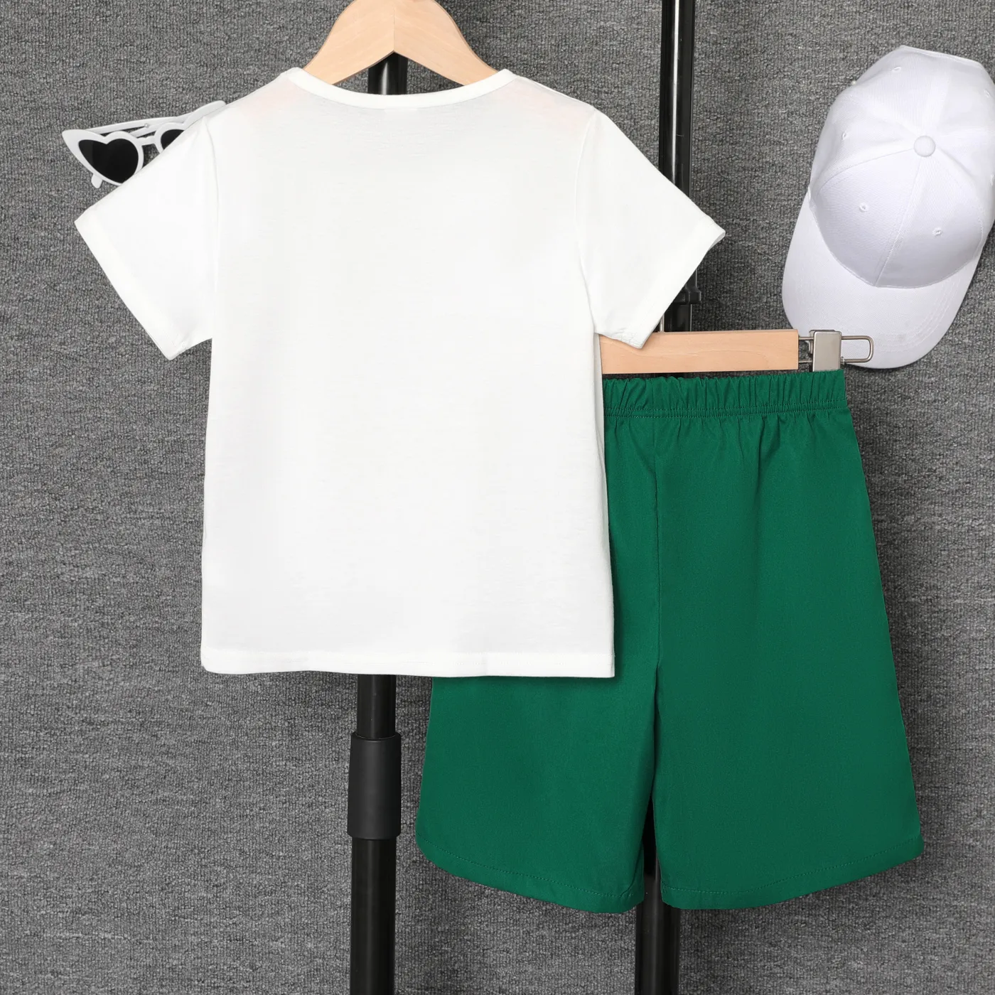 2pcs Kid Boy Funny Face Print Short-sleeve Tee and Solid Shorts Set White image 2