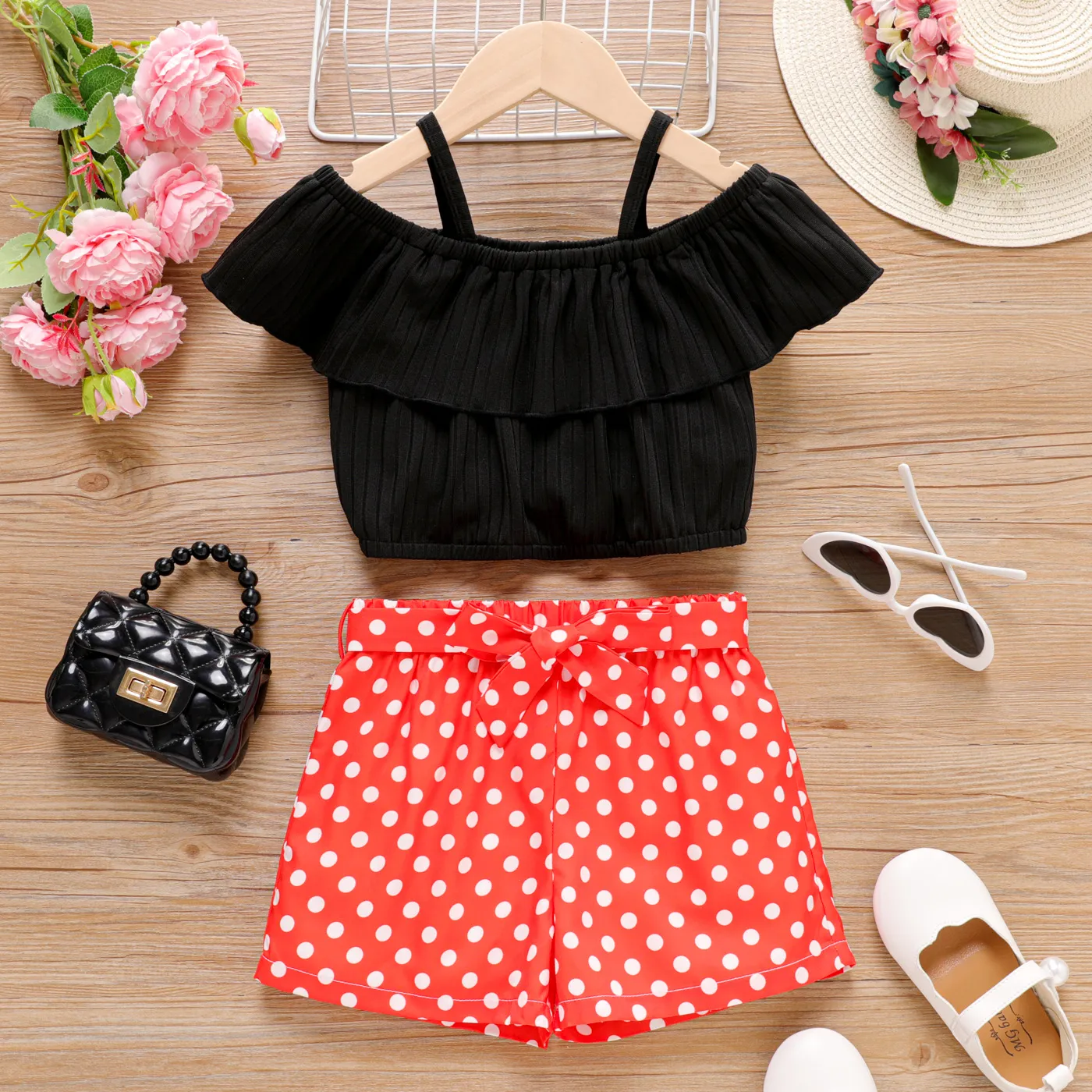 2pcs Kid Girl Solid Ruffled Camisole And Polka Dots Belted Shorts Set
