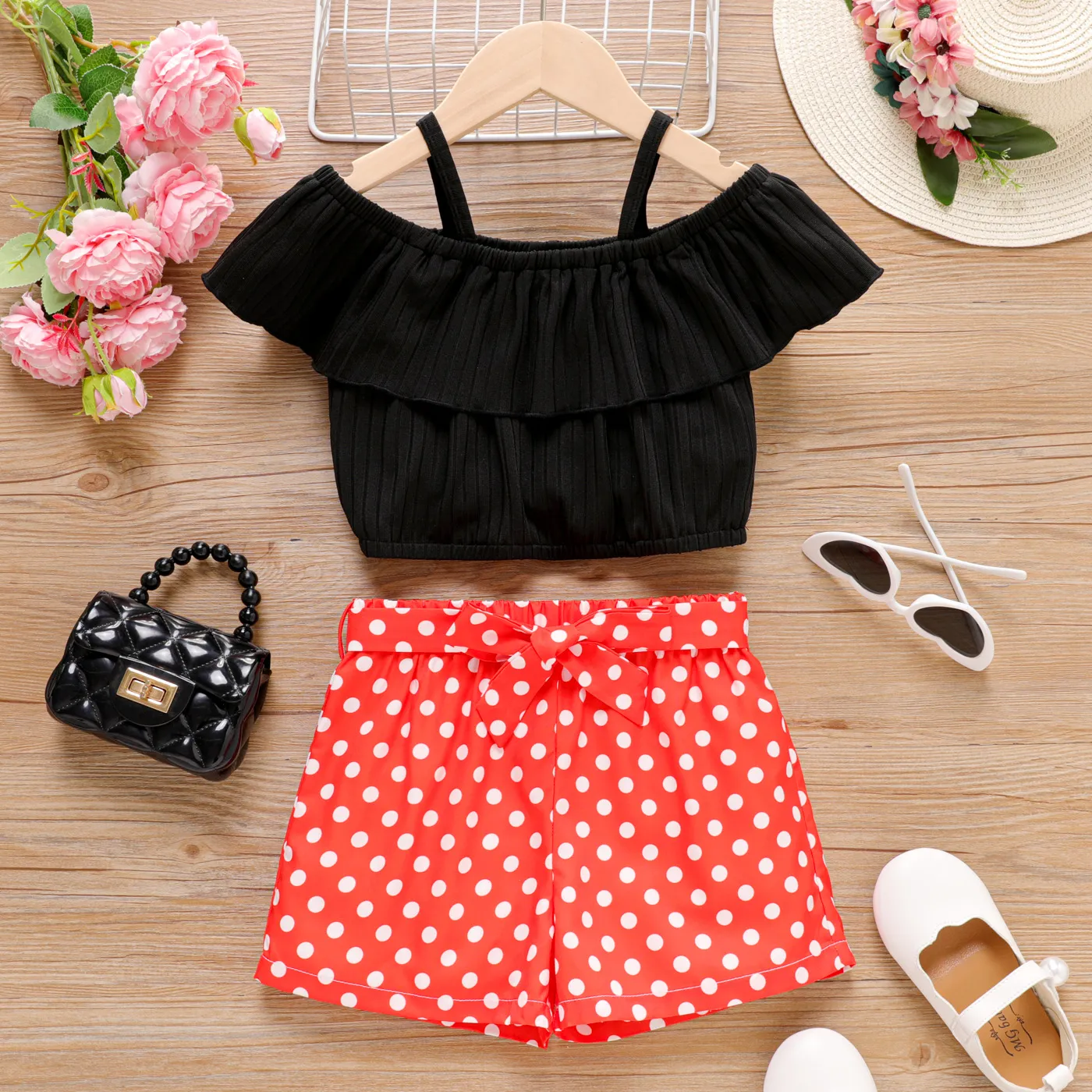 2pcs Kid Girl Solid Ruffled Camisole and Polka Dots Belted Shorts Set Black