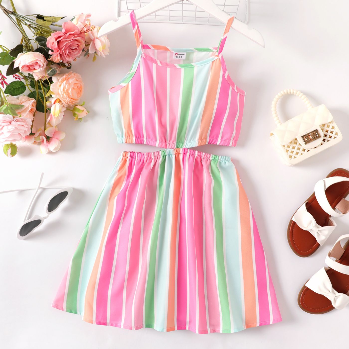 Kid Girl Colorful Stripe Pattern Cut Out Design Slip Dress