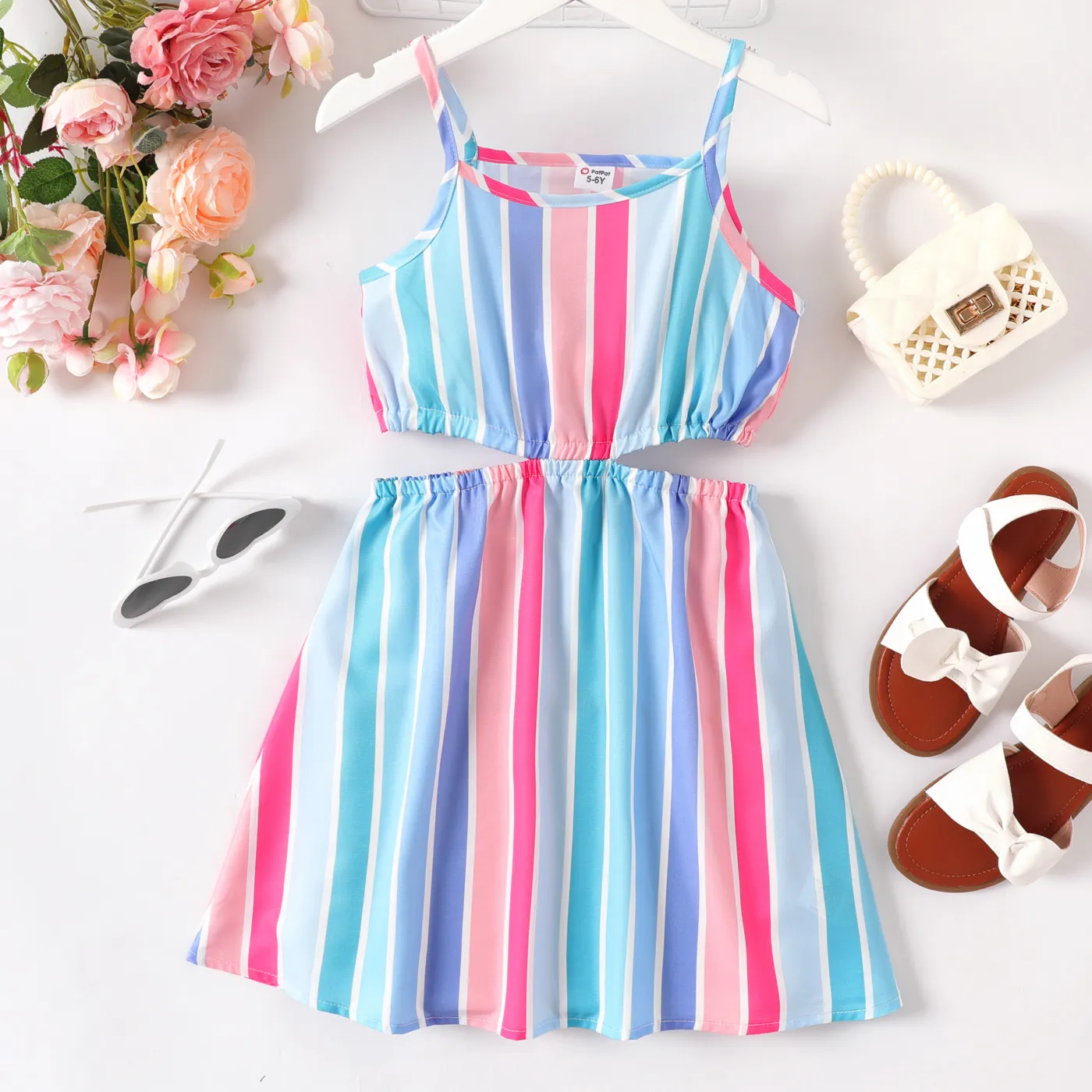 Kid Girl Colorful Stripe Pattern Cut Out Design Slip Dress