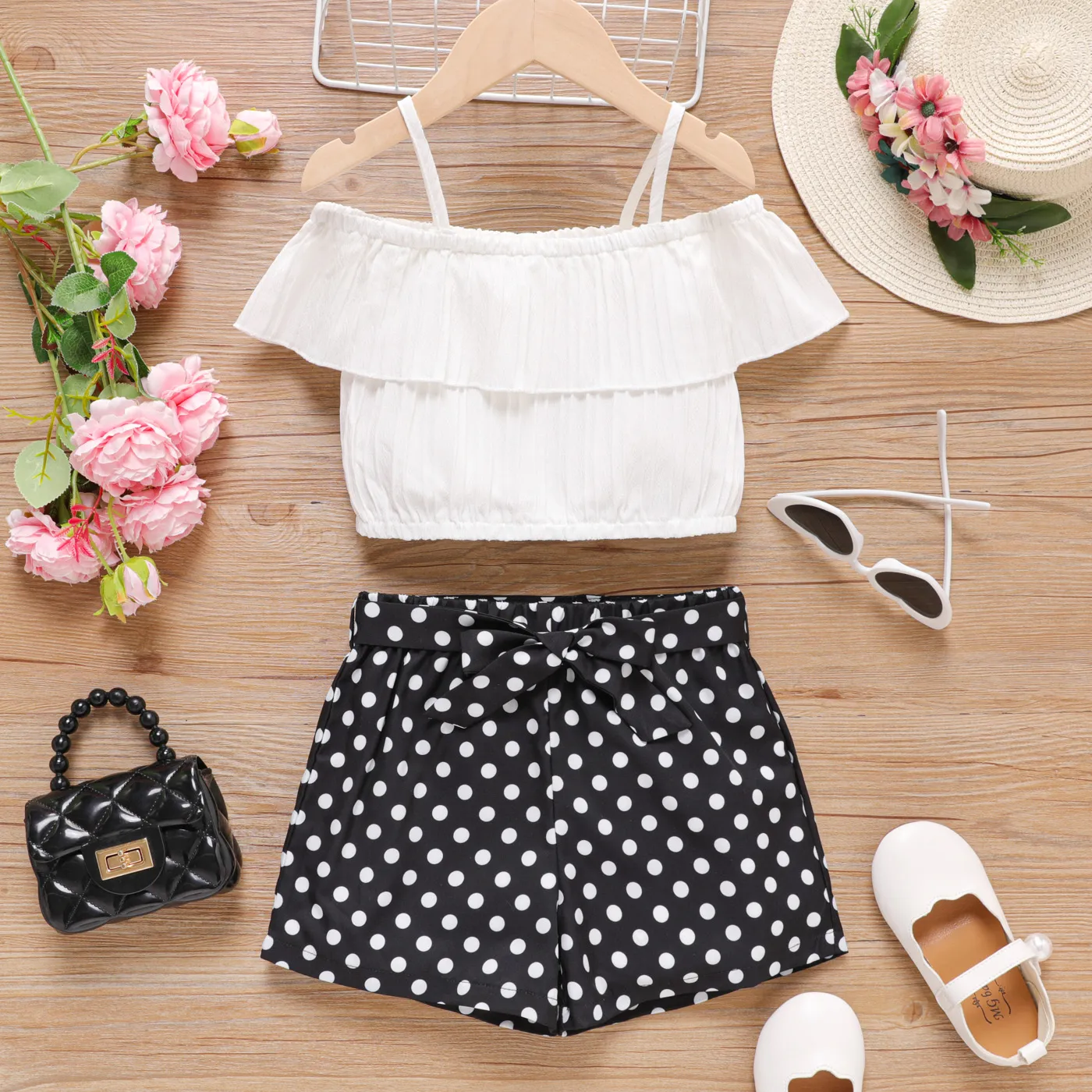 2pcs Kid Girl Solid Ruffled Camisole and Polka Dots Belted Shorts Set  big image 1