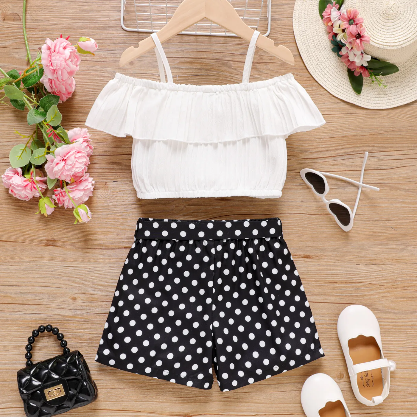 2pcs Kid Girl Solid Ruffled Camisole and Polka Dots Belted Shorts Set  image 2