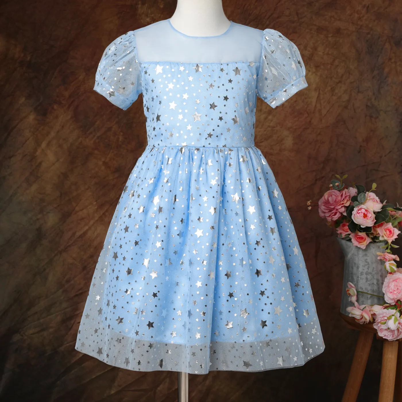 Kid Girl Bow Back Sequin Stars Decor Mesh Overlay Fairy Dress Light Blue