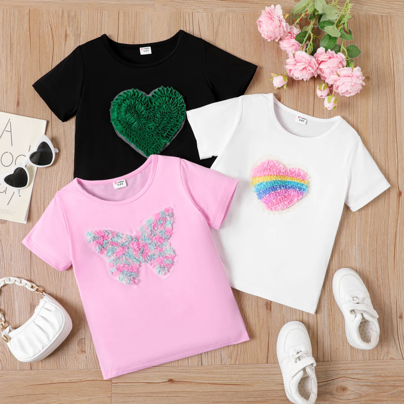 Enfants Fille Hypersensible En forme de cœur Manches courtes T-Shirt Blanc big image 1