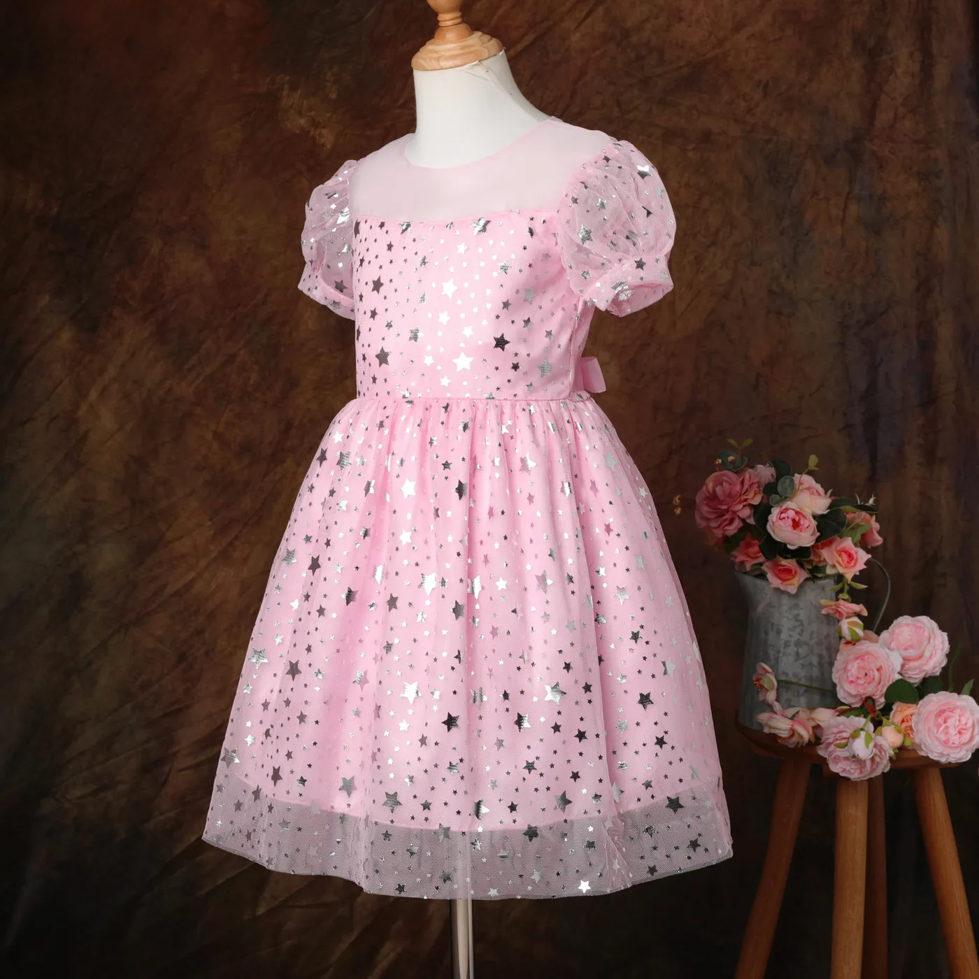 Kid Girl Bow Back Sequin Stars Decor Mesh Overlay Fairy Dress Pink image 2