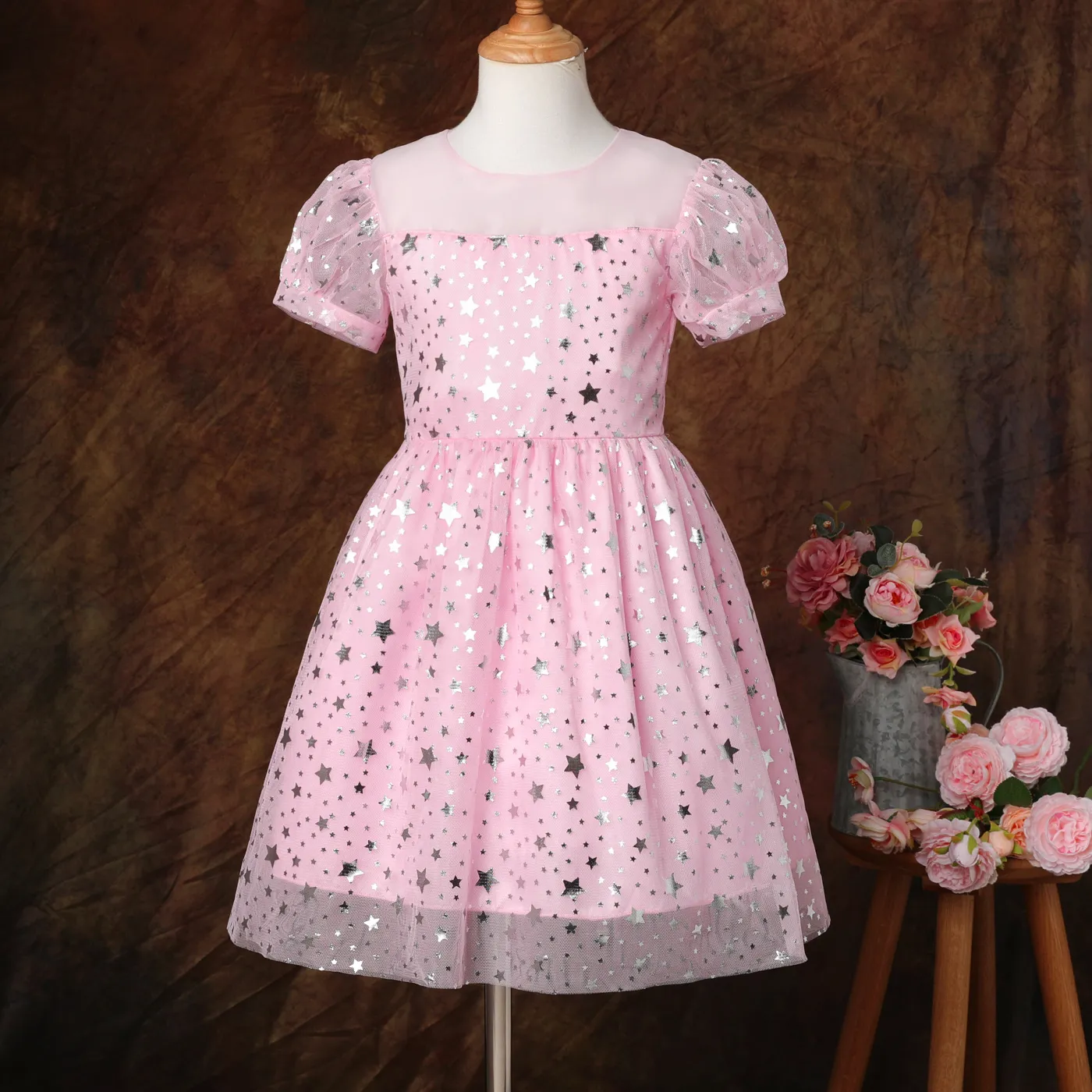 Kid Girl Bow Back Sequin Stars Decor Mesh Overlay Fairy Dress Pink big image 1