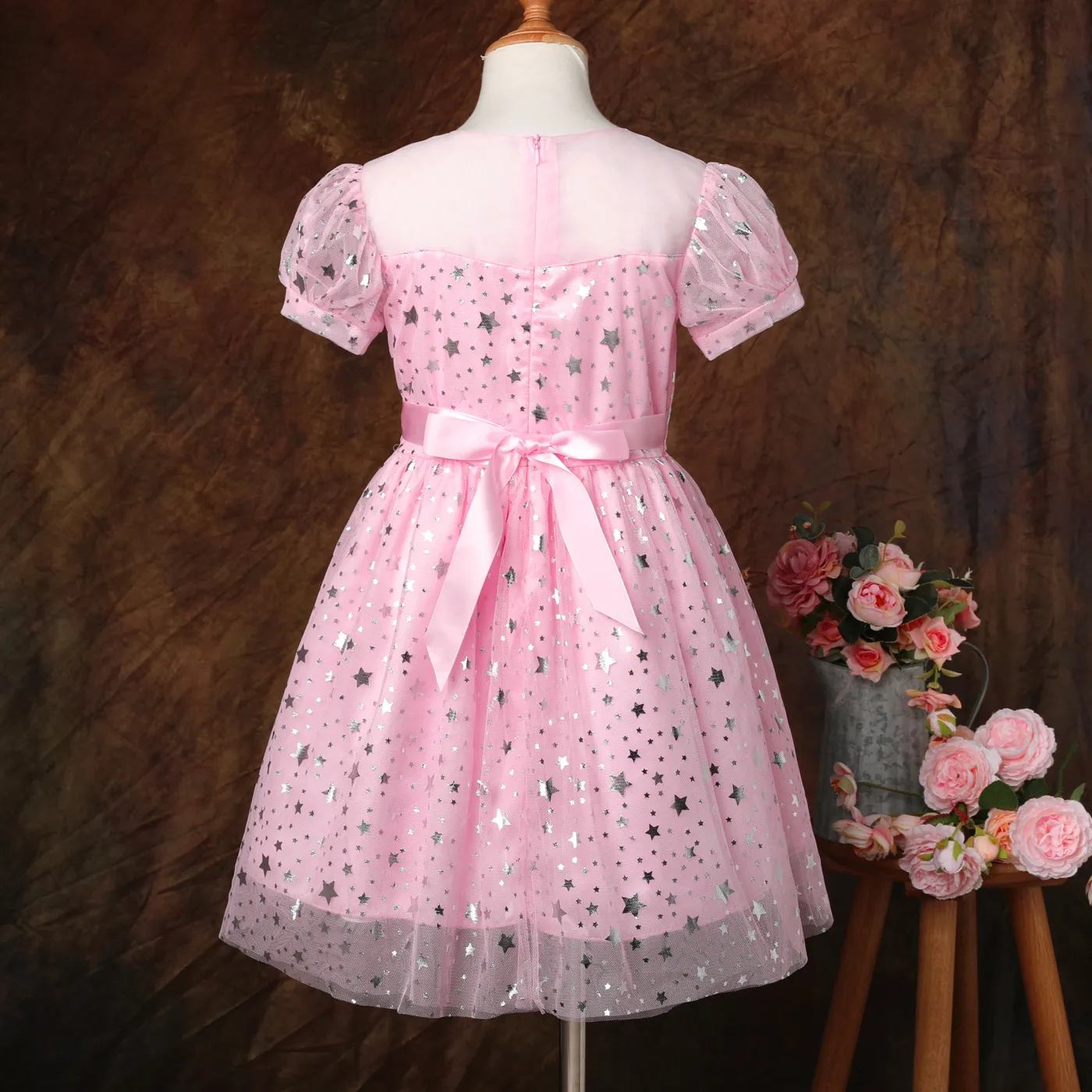 Kid Girl Bow Back Sequin Stars Decor Mesh Overlay Fairy Dress Pink image 3
