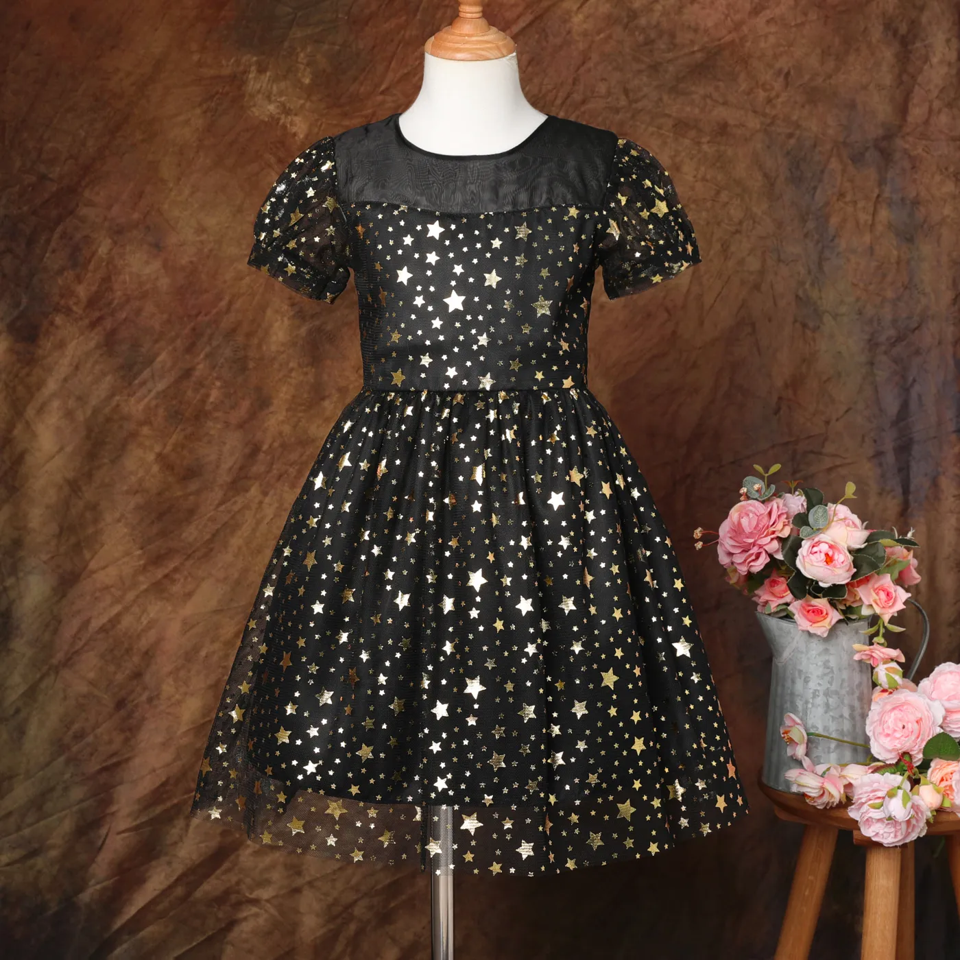 Kid Girl Bow Back Sequin Stars Decor Mesh Overlay Fairy Dress Black