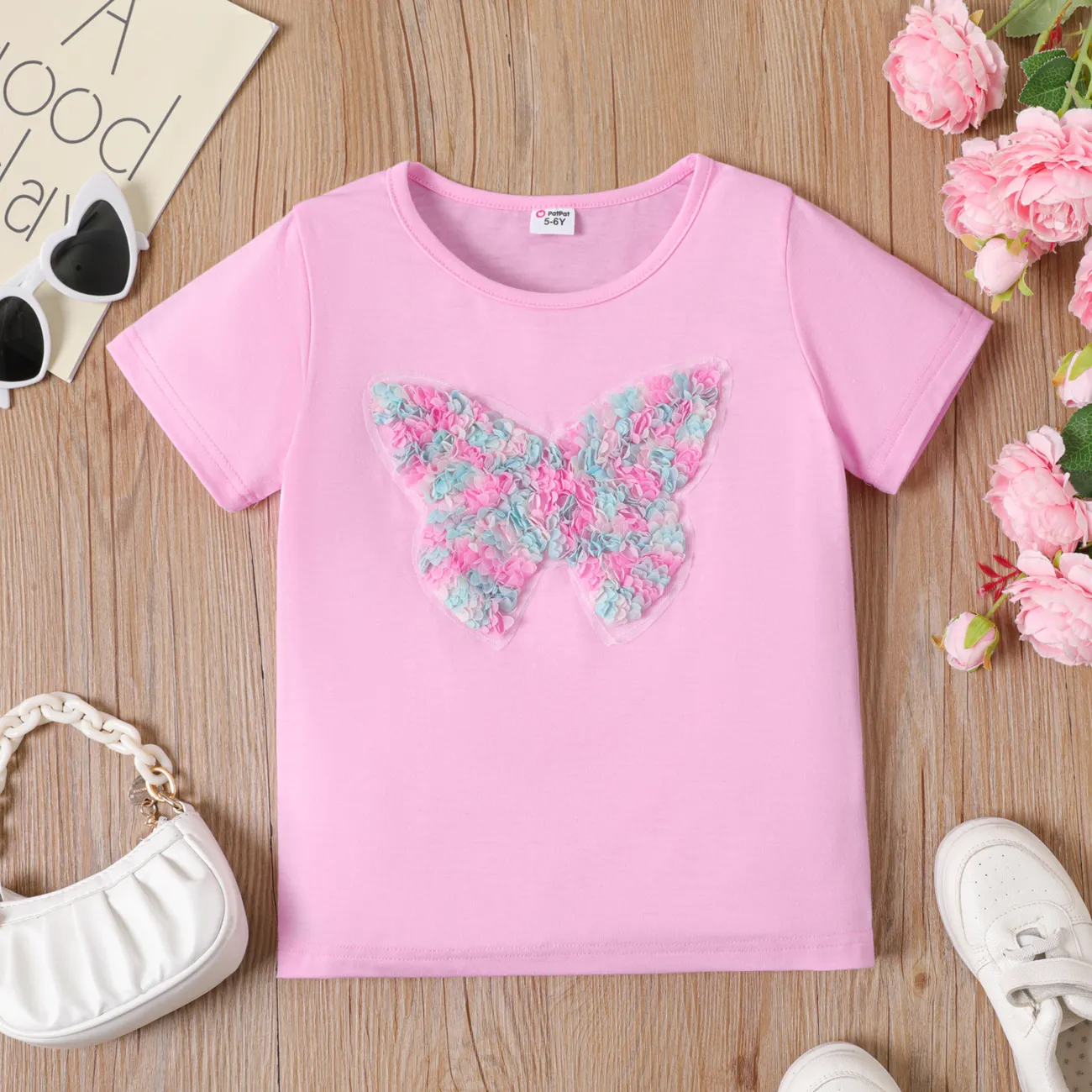 Kid Girl Heart/Butterfly Embroidered Short-sleeve Tee Pink big image 1