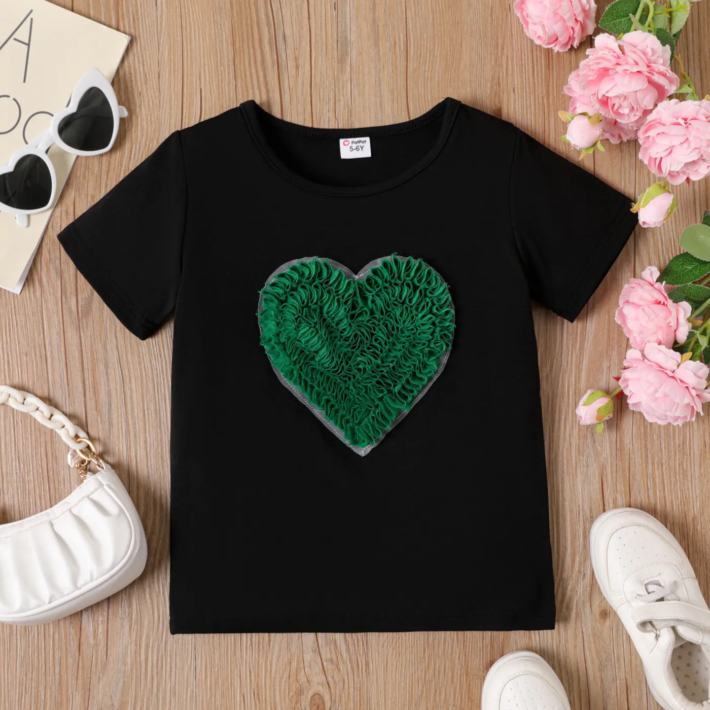 Kid Girl Heart/Butterfly Embroidered Short-sleeve Tee Black big image 1