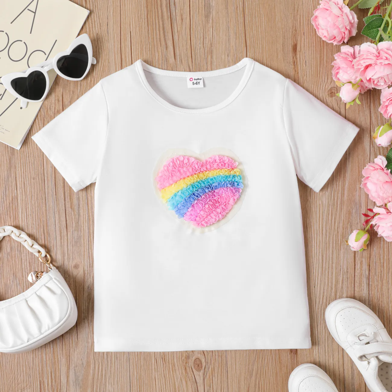 Kid Girl Heart/Butterfly Embroidered Short-sleeve Tee White big image 1