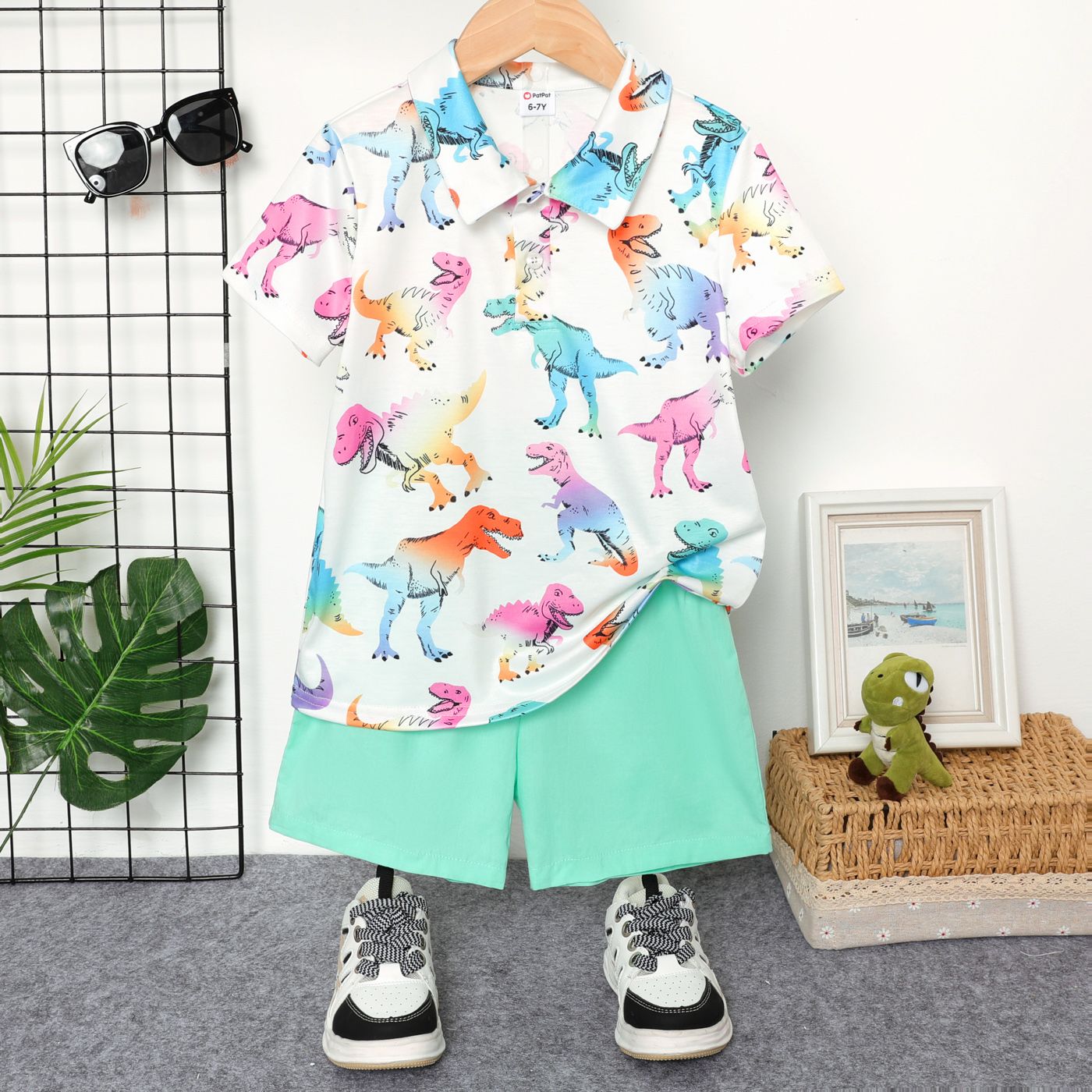 2pcs Kid Boy Allover Dinosaur Print Polo Neck Tee And 100% Cotton Solid Shorts Set