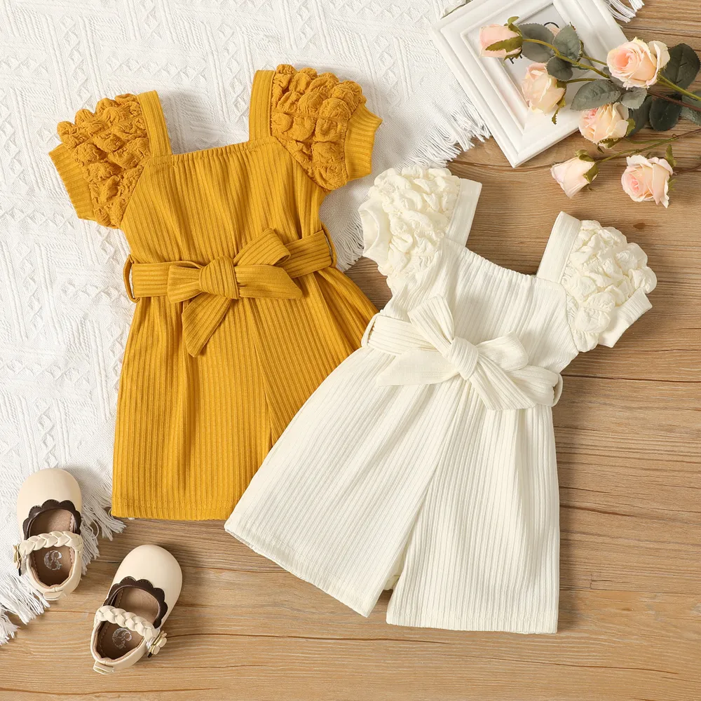 Baby Girl 95% Cotton Puff Sleeve Belted Jumpsuit big image 2