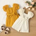 Baby Girl 95% Cotton Puff Sleeve Belted Jumpsuit  image 2