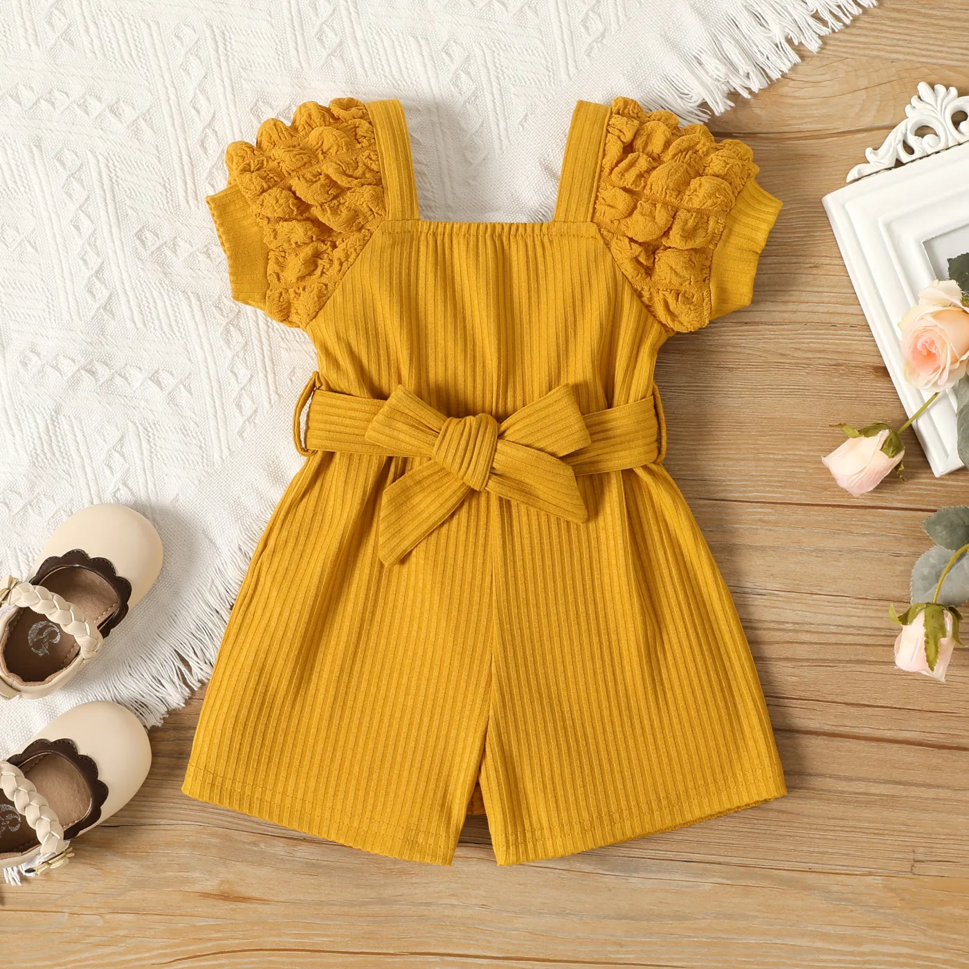 Baby Girl 95% Cotton Puff Sleeve Belted Jumpsuit